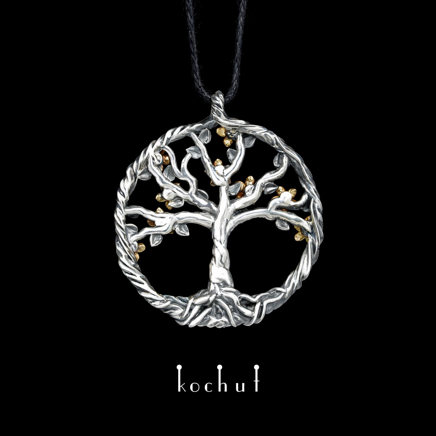 Blühender Baum — Anhänger aus oxidiertem Silber und Gelbgold