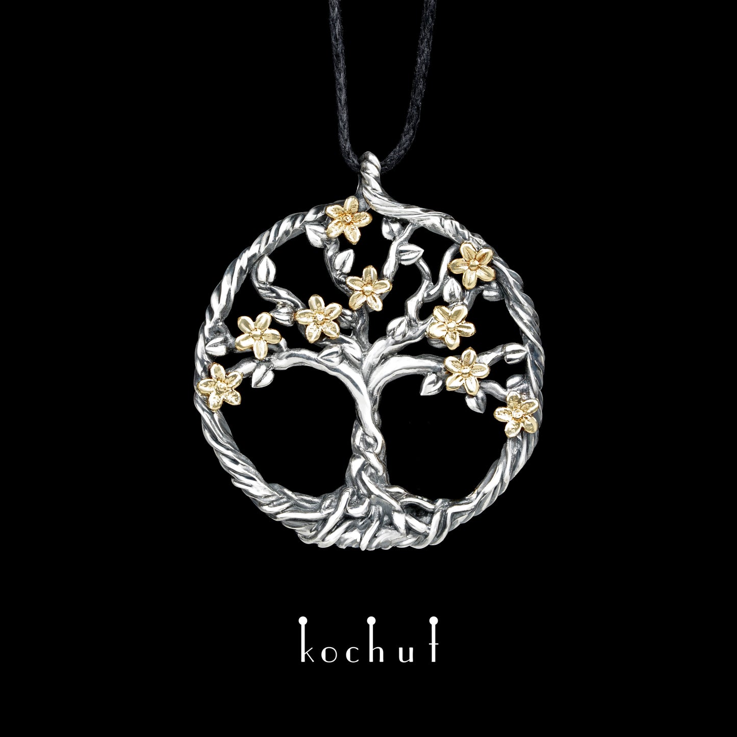 Blühender Baum — Anhänger aus oxidiertem Silber und Gelbgold