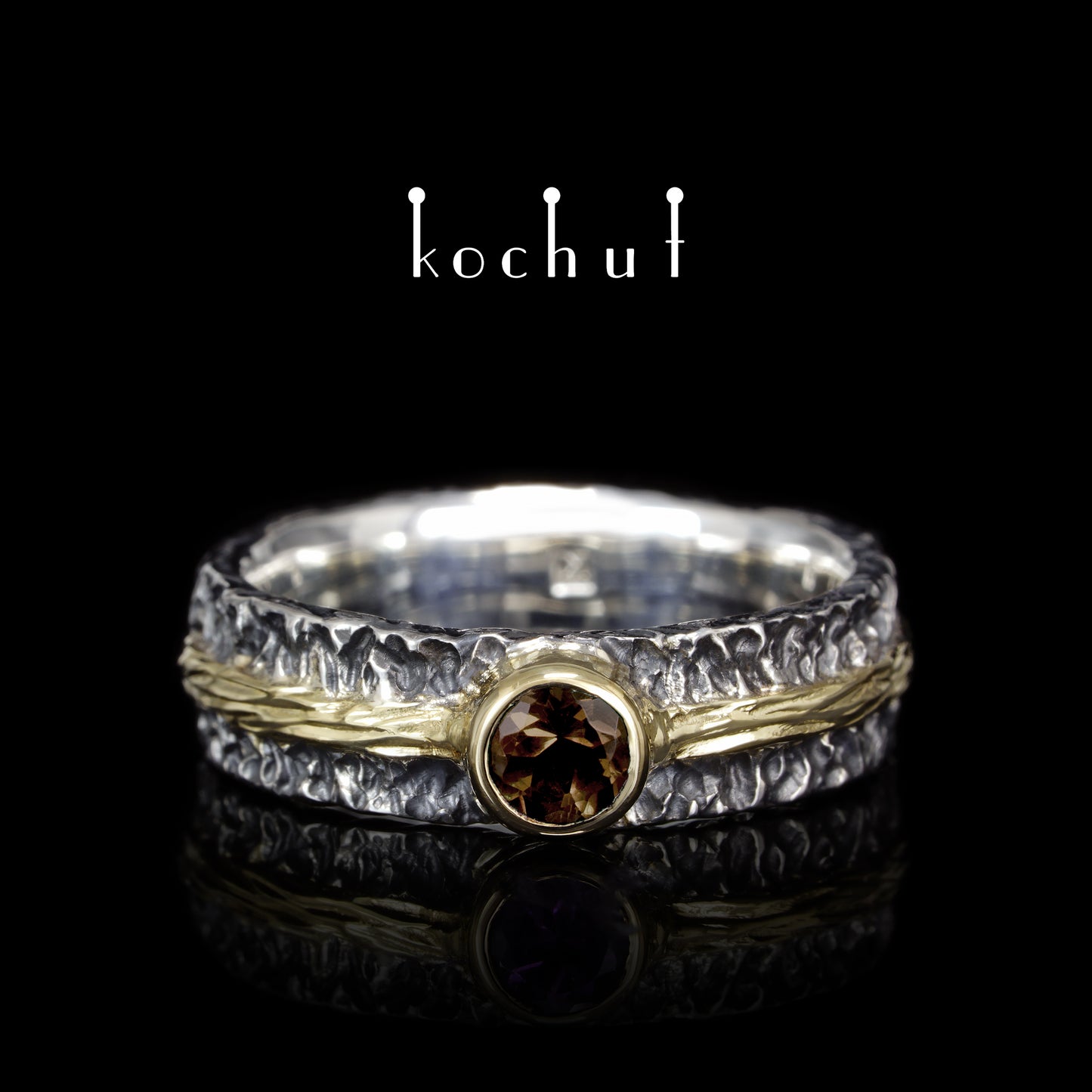Citadel — Ehering aus oxidiertem Silber und Gelbgold mit Rauchquarz