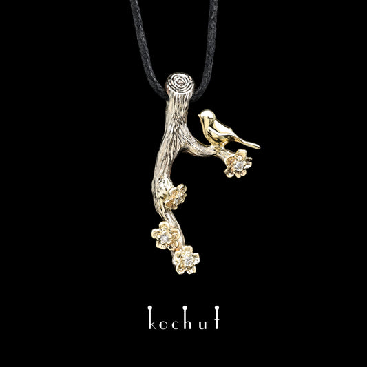 Vögelchen auf dem Zweig — Anhänger aus Weiß- und Gelbgold mit Diamanten