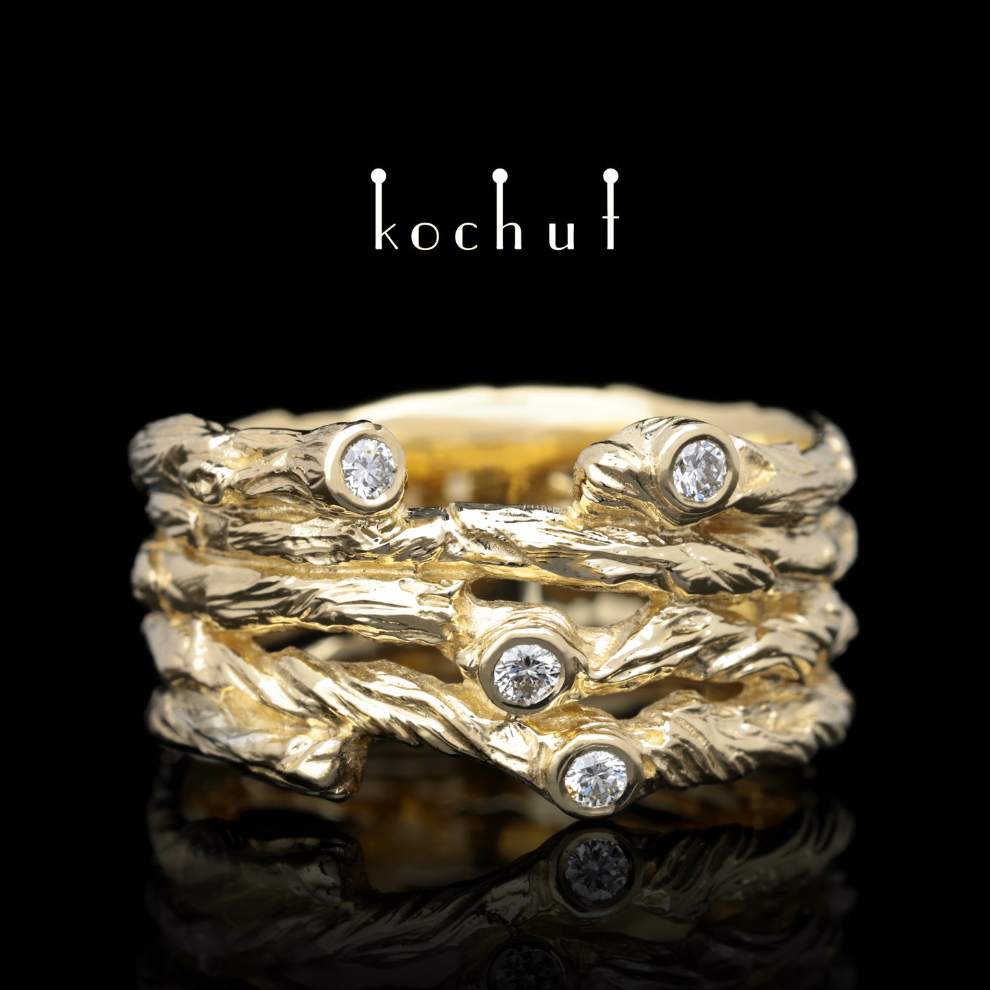 Breiter Zweig — Ring aus Gelbgold mit Diamanten