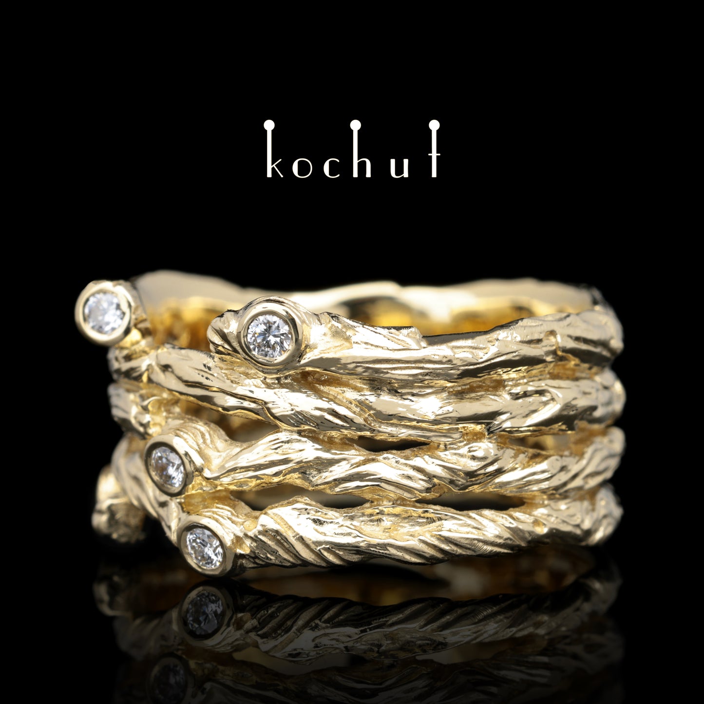 Breiter Zweig — Ring aus Gelbgold mit Diamanten
