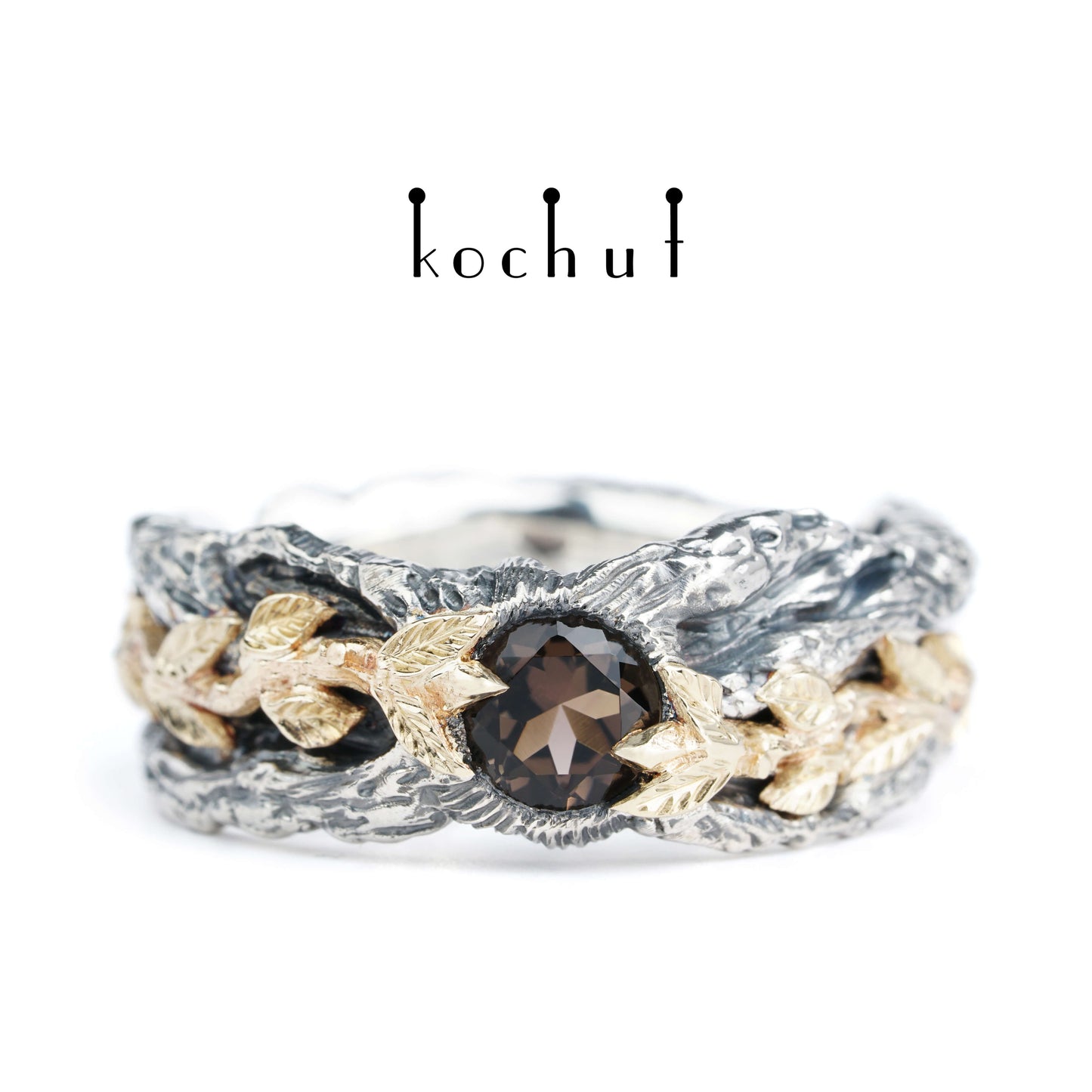 Kraft des Lebens — Ring aus oxidiertem Silber und Gelbgold mit Rauchquarz