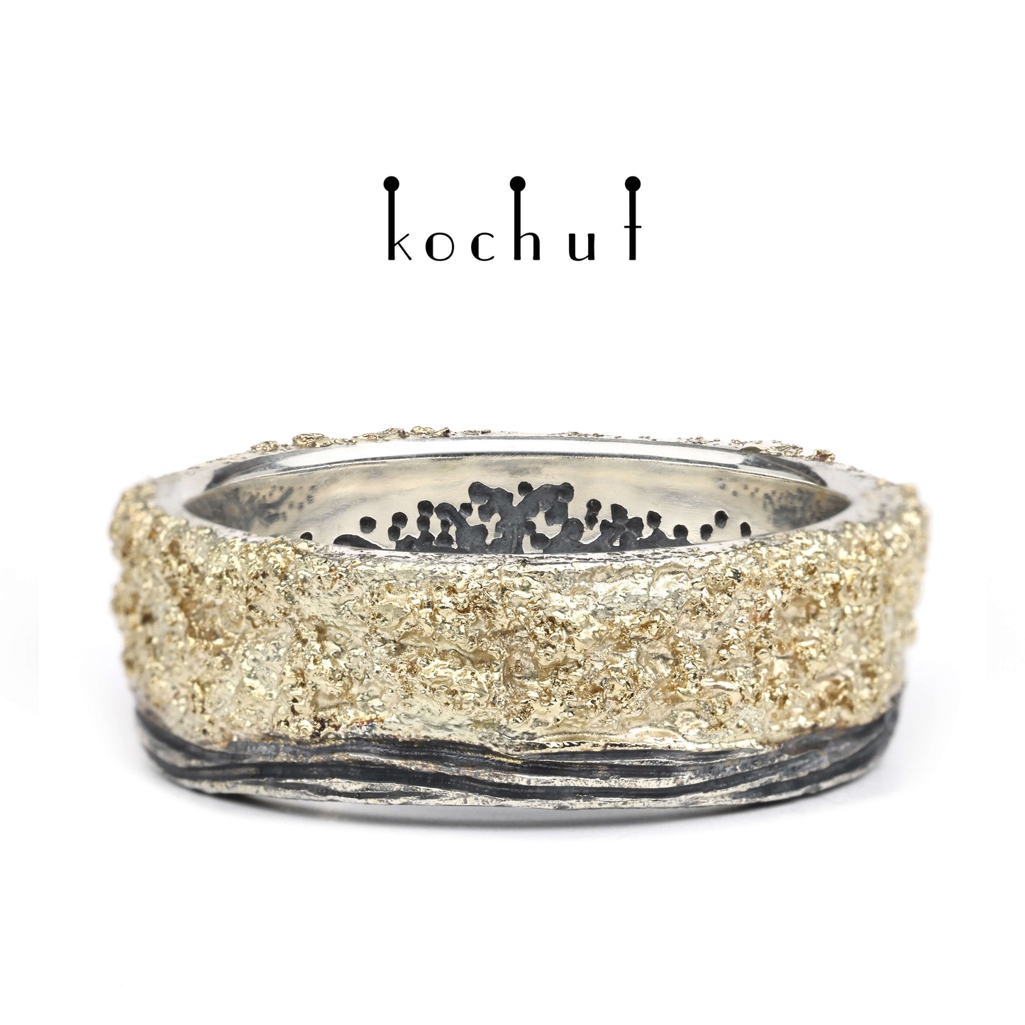 Leib und Seele mit Rinde und Lebensbaum — Ehering aus oxidiertem Silber mit Gelbgold-Oberfläche