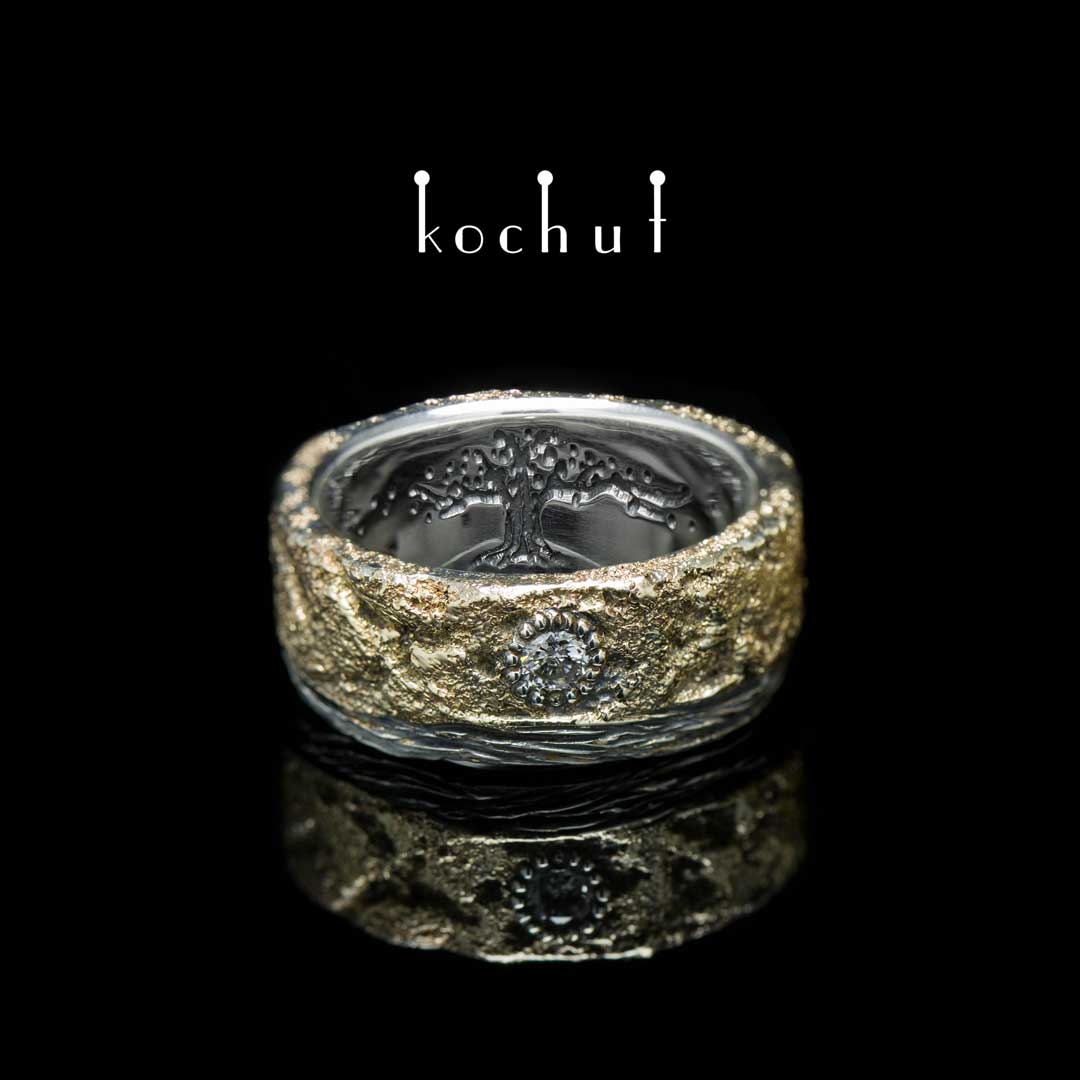 Leib und Seele mit einer Rinde und einem Lebensbaum — Ring mit einem Diamanten
