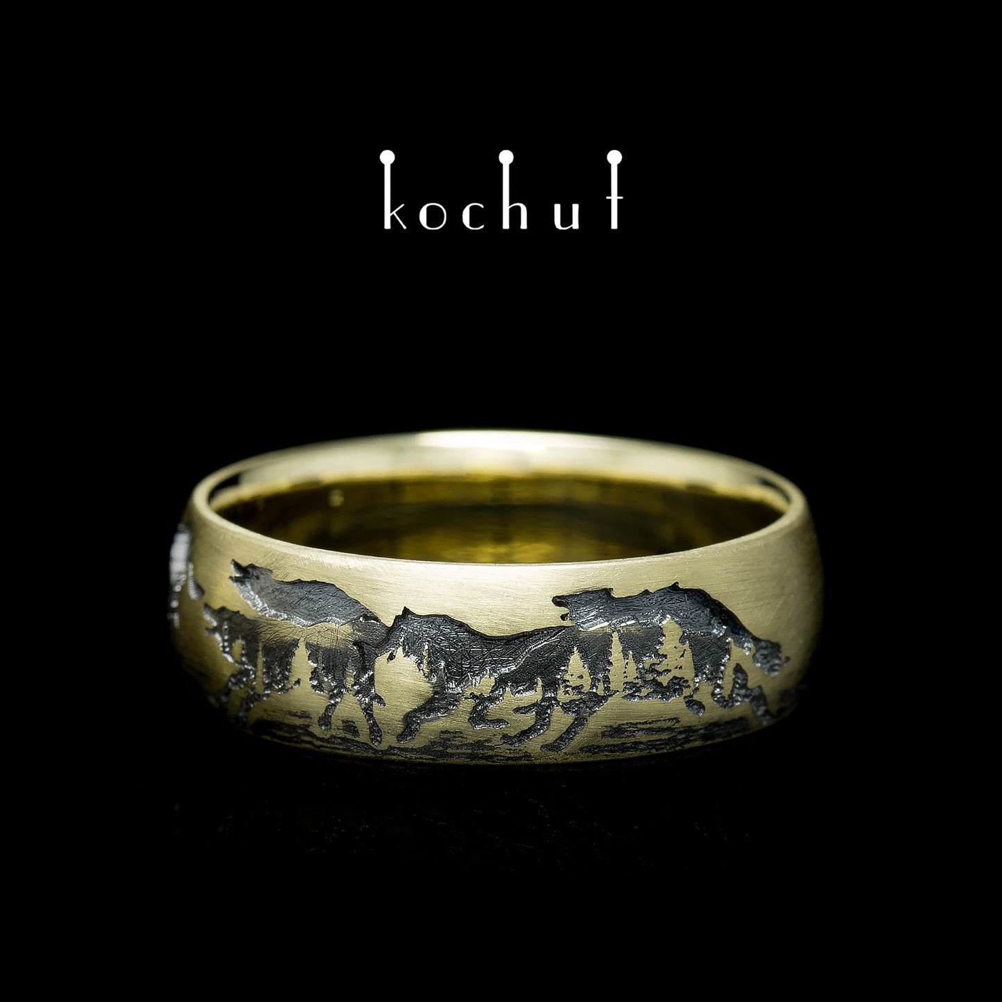 Wölfe — Ehering aus Gelbgold, überzogen mit schwarzem Rhodium