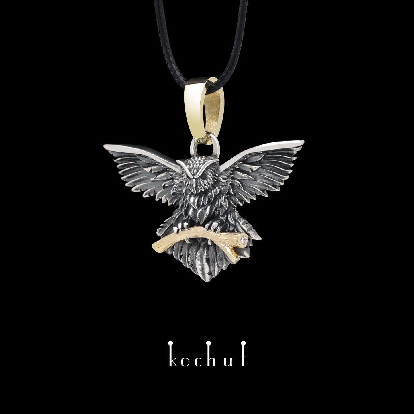 Herald of Wisdom — Anhänger aus oxidiertem Silber und Gelbgold mit Diamant