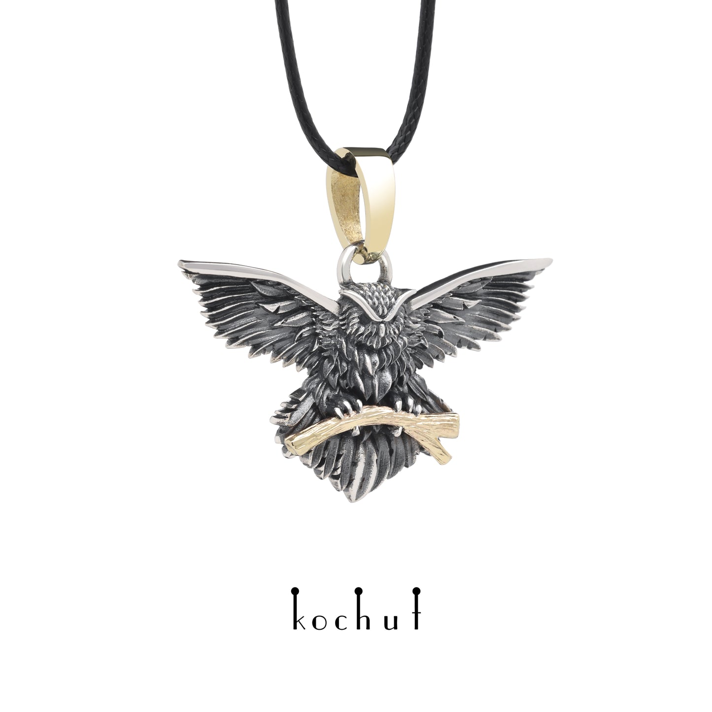 Herald of Wisdom — Anhänger aus oxidiertem Silber und Gelbgold mit Diamant