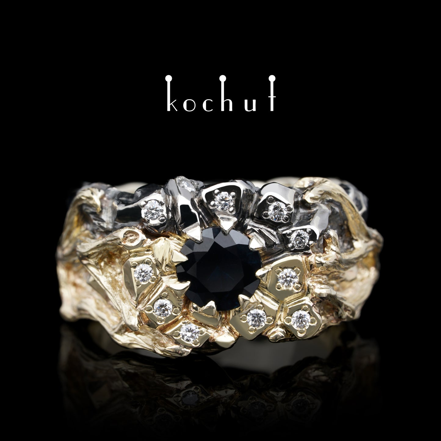 Dominator — Ring aus Weiß- und Gelbgold mit Saphir und Diamanten, überzogen mit schwarzem Rhodium