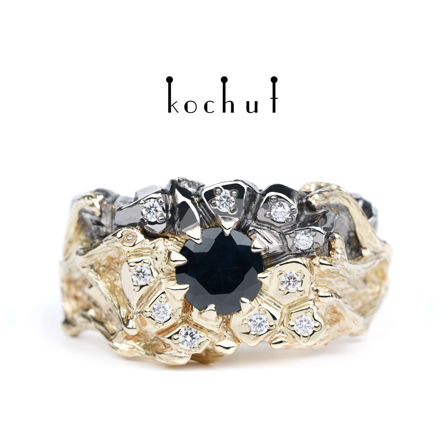 Dominator — Ring aus Weiß- und Gelbgold mit Saphir und Diamanten, überzogen mit schwarzem Rhodium