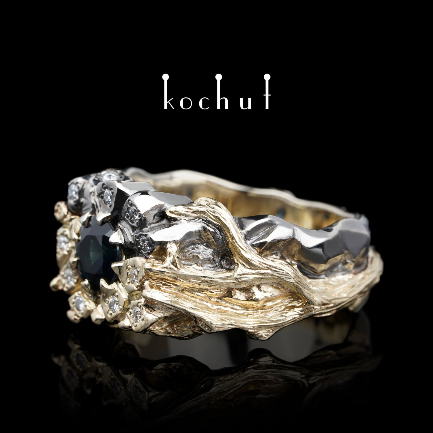 Dominator — Ring aus Weiß- und Gelbgold mit Saphir und Diamanten, überzogen mit schwarzem Rhodium