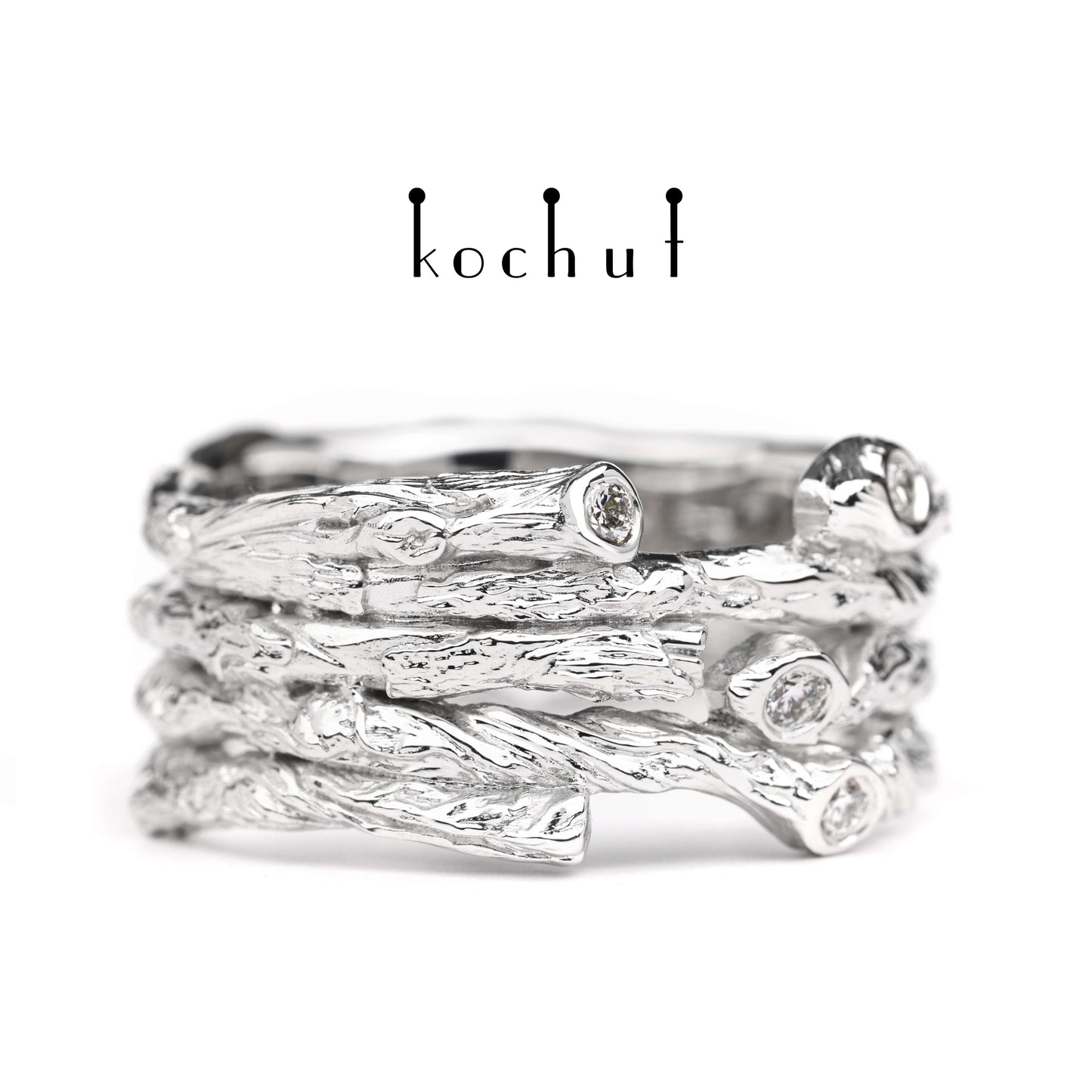 Breiter Zweig — Ring aus Weißgold mit Diamanten, platiert mit weißem Rhodium