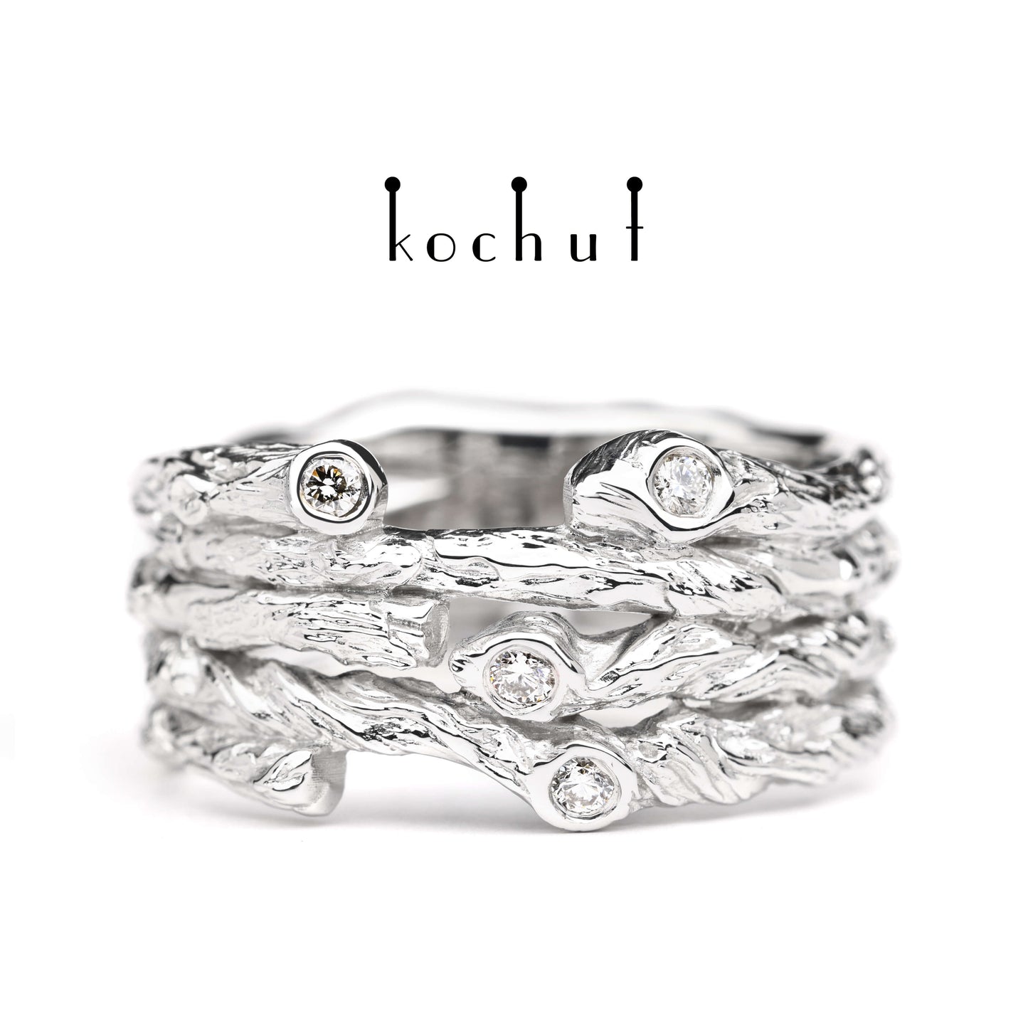 Breiter Zweig — Ring aus Weißgold mit Diamanten, platiert mit weißem Rhodium