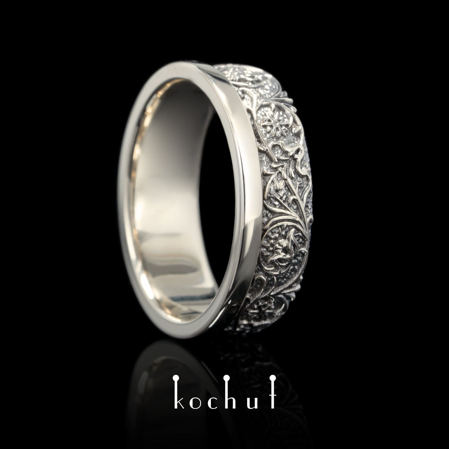 Harmonie der Natur — Weißgold-Ehering mit schwarzem Rhodium überzogen