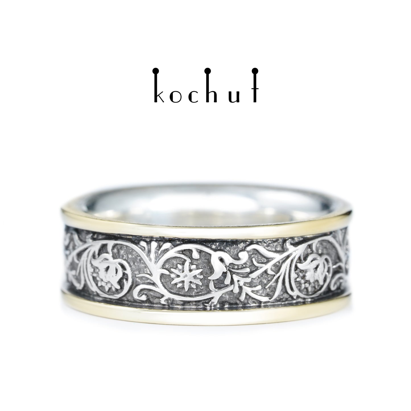 Harmonie der Natur mit zwei Ringen — Ehering aus Silber und Gelbgold, überzogen mit schwarzem Rhodium