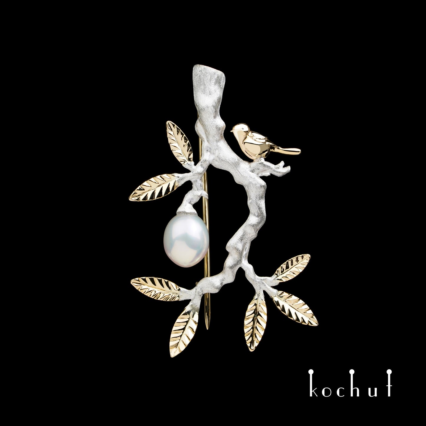 Paradieszweig — Brosche aus Sterlingsilber, Gelbgold mit Perle