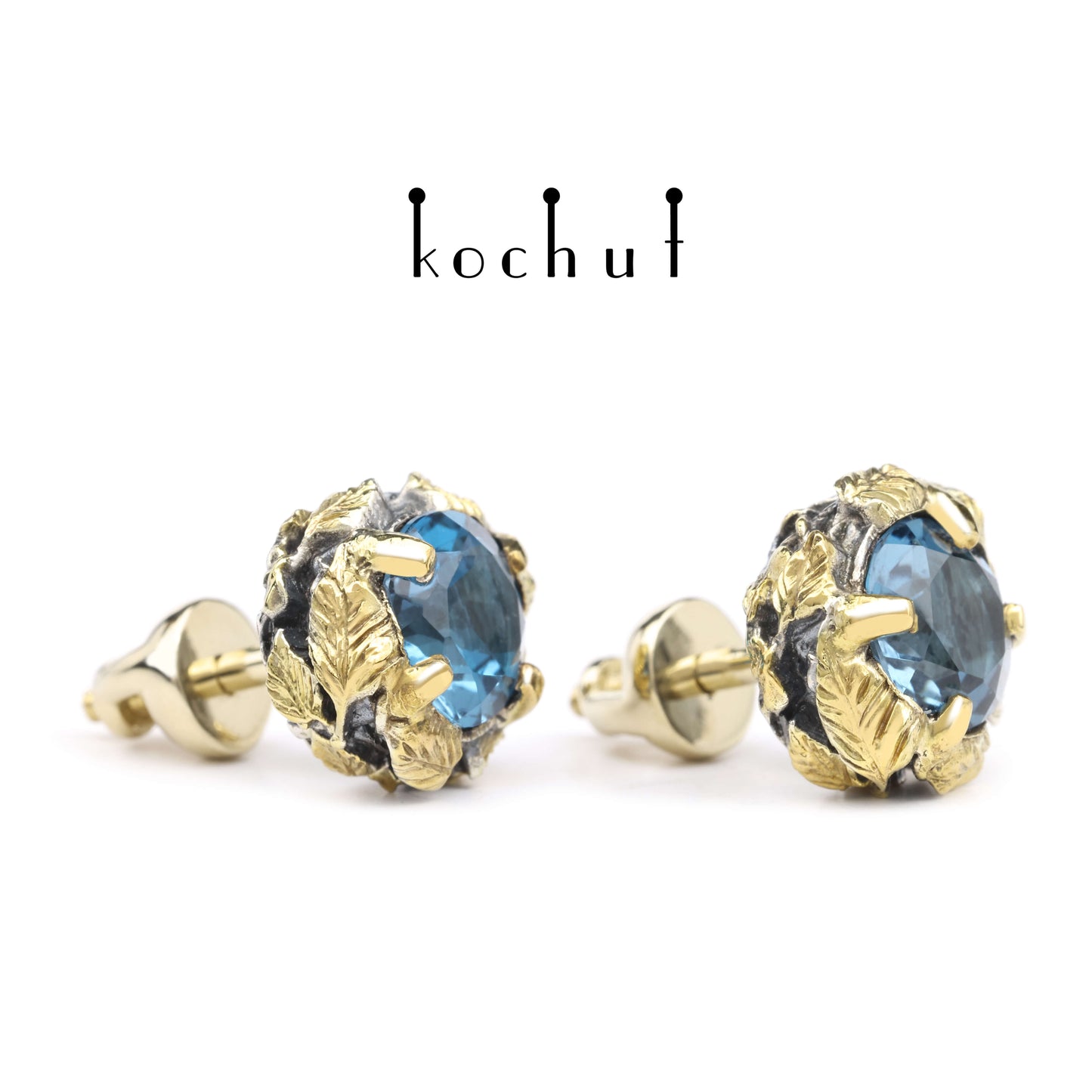 Sonniger Wald — Ohrringe aus oxidiertem Silber und Gelbgold mit Topasen und Vergoldung