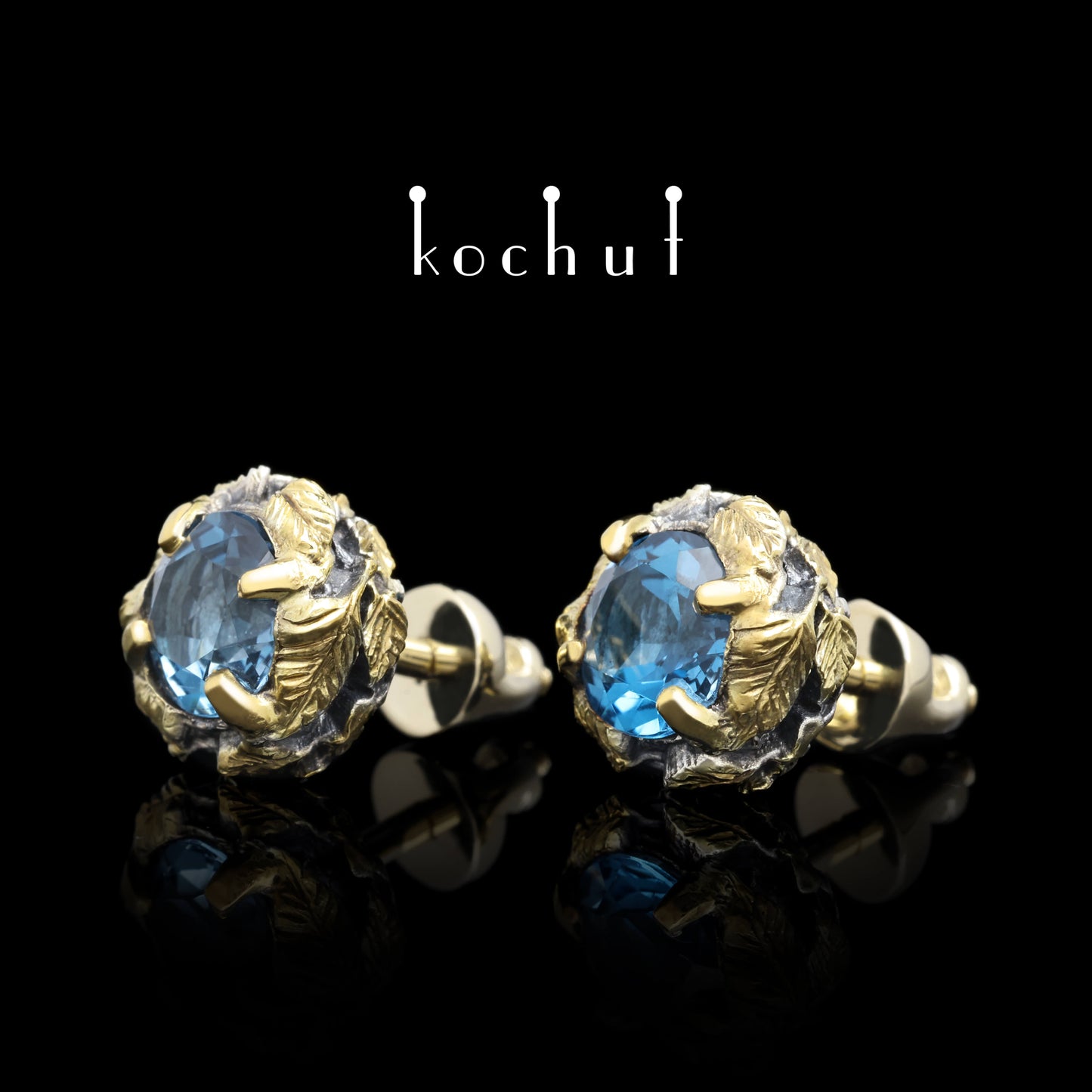 Sonniger Wald — Ohrringe aus oxidiertem Silber und Gelbgold mit Topasen und Vergoldung