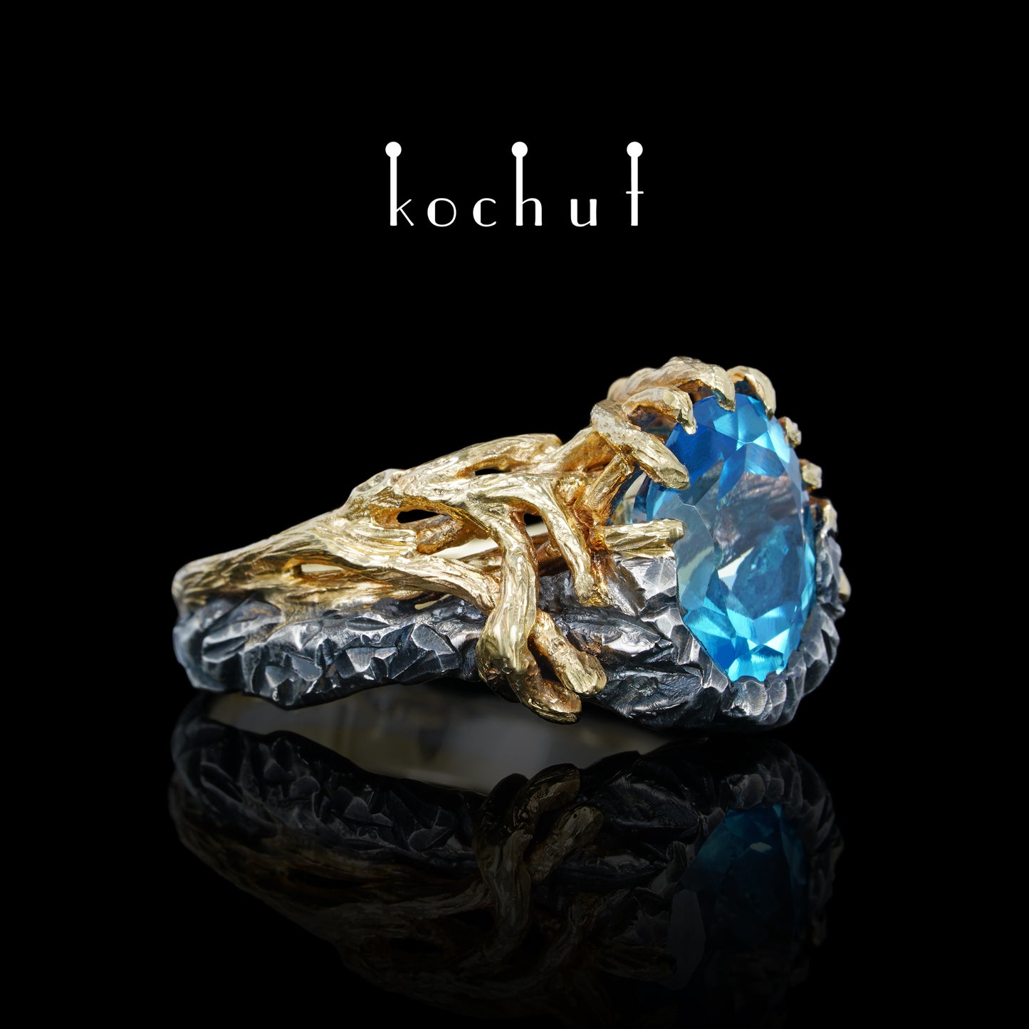 Dominant — ein Ring aus oxidiertem Silber und Gelbgold mit Topas