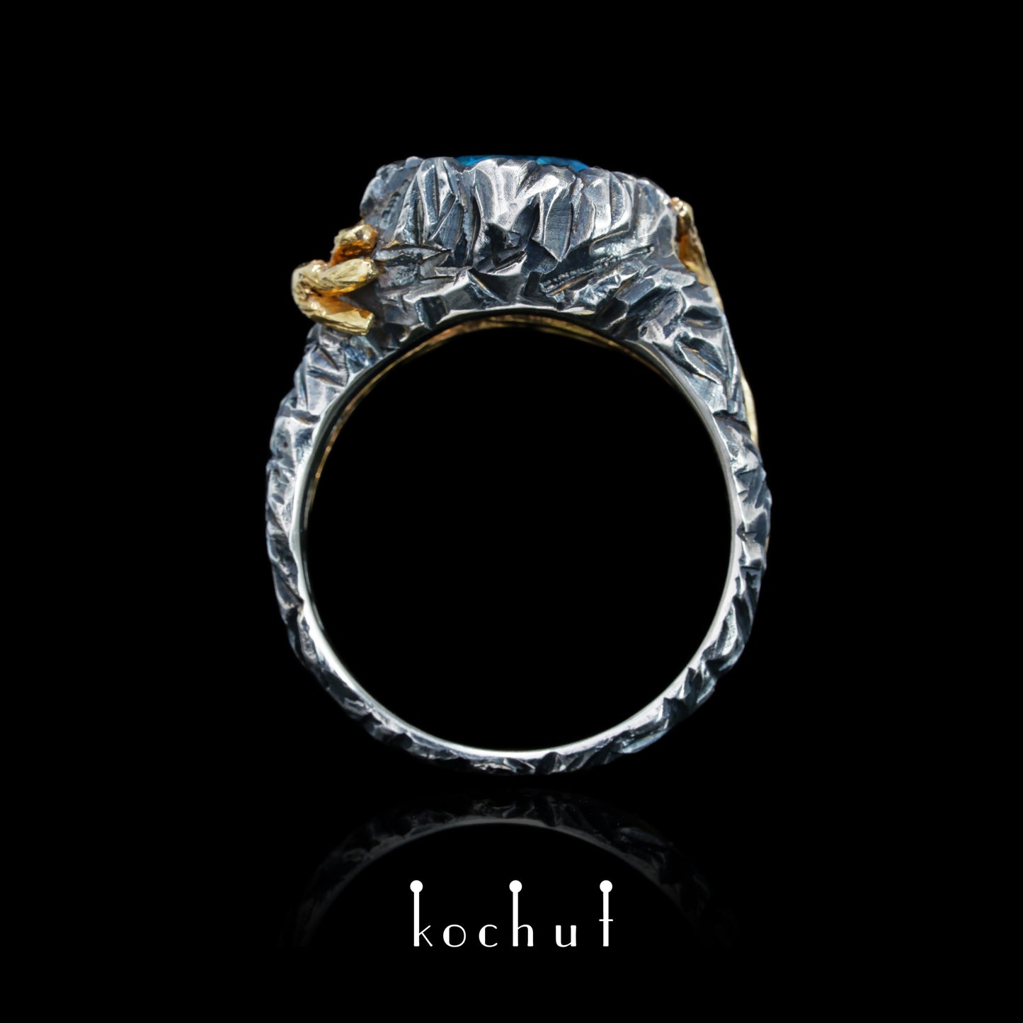 Dominant — ein Ring aus oxidiertem Silber und Gelbgold mit Topas