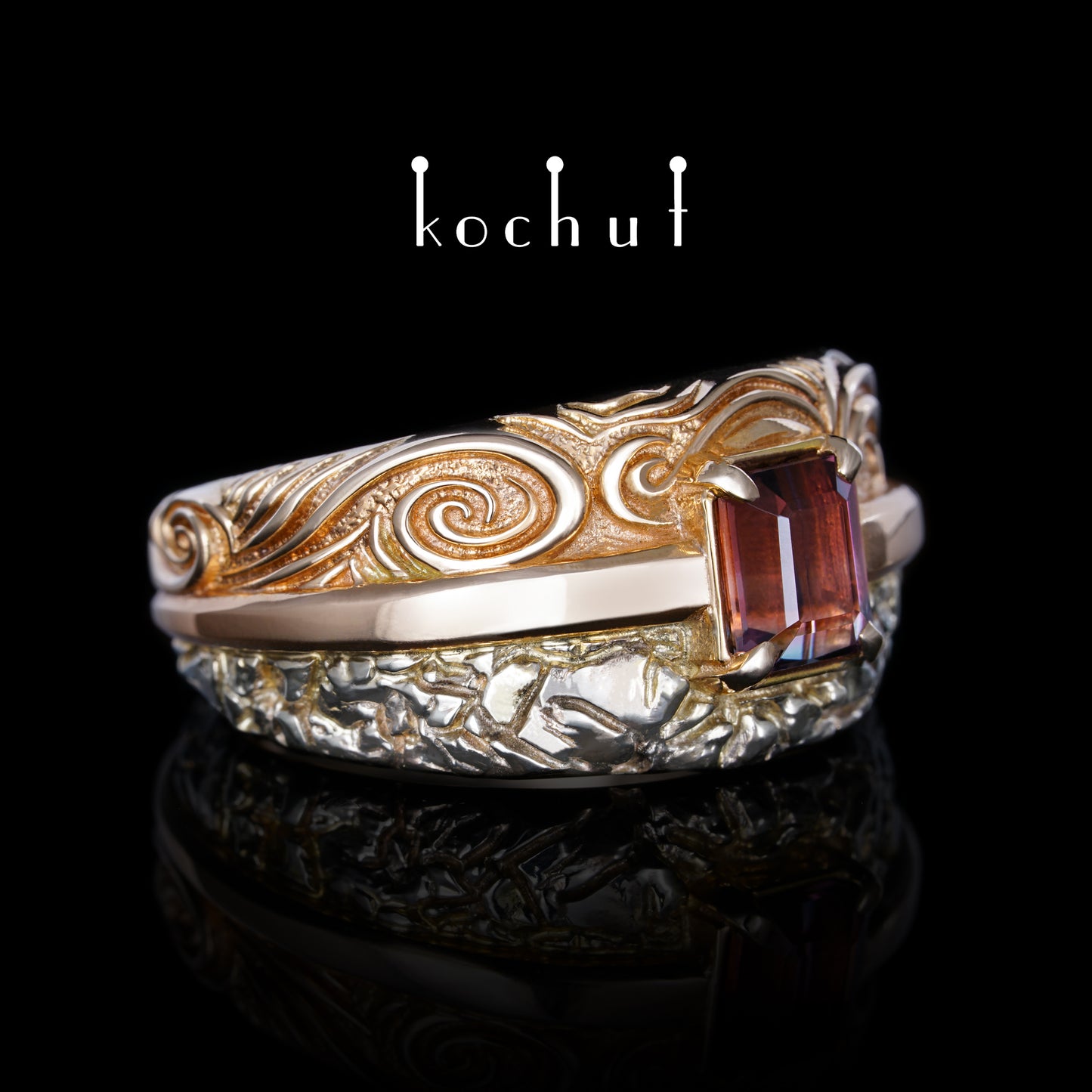 Geheimnisse des Universums — Ring aus Weiß- und Rotgold mit polychromer Turmalin