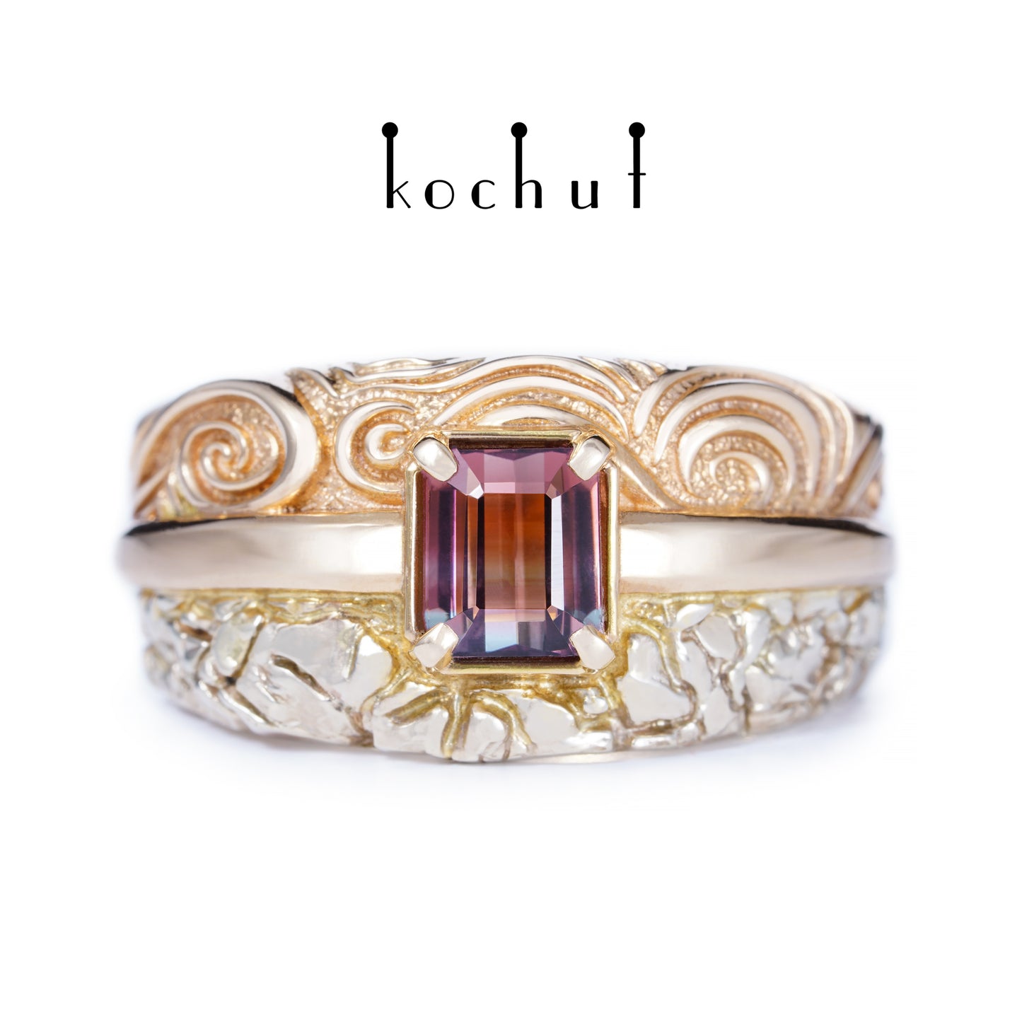 Geheimnisse des Universums — Ring aus Weiß- und Rotgold mit polychromer Turmalin
