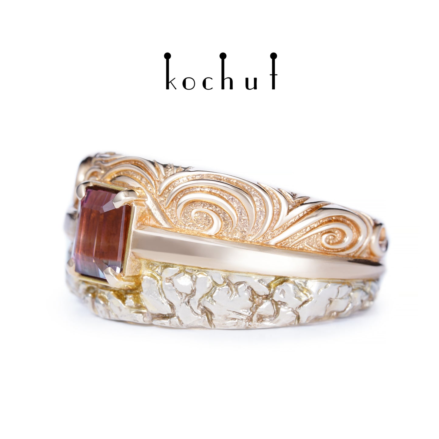 Geheimnisse des Universums — Ring aus Weiß- und Rotgold mit polychromer Turmalin