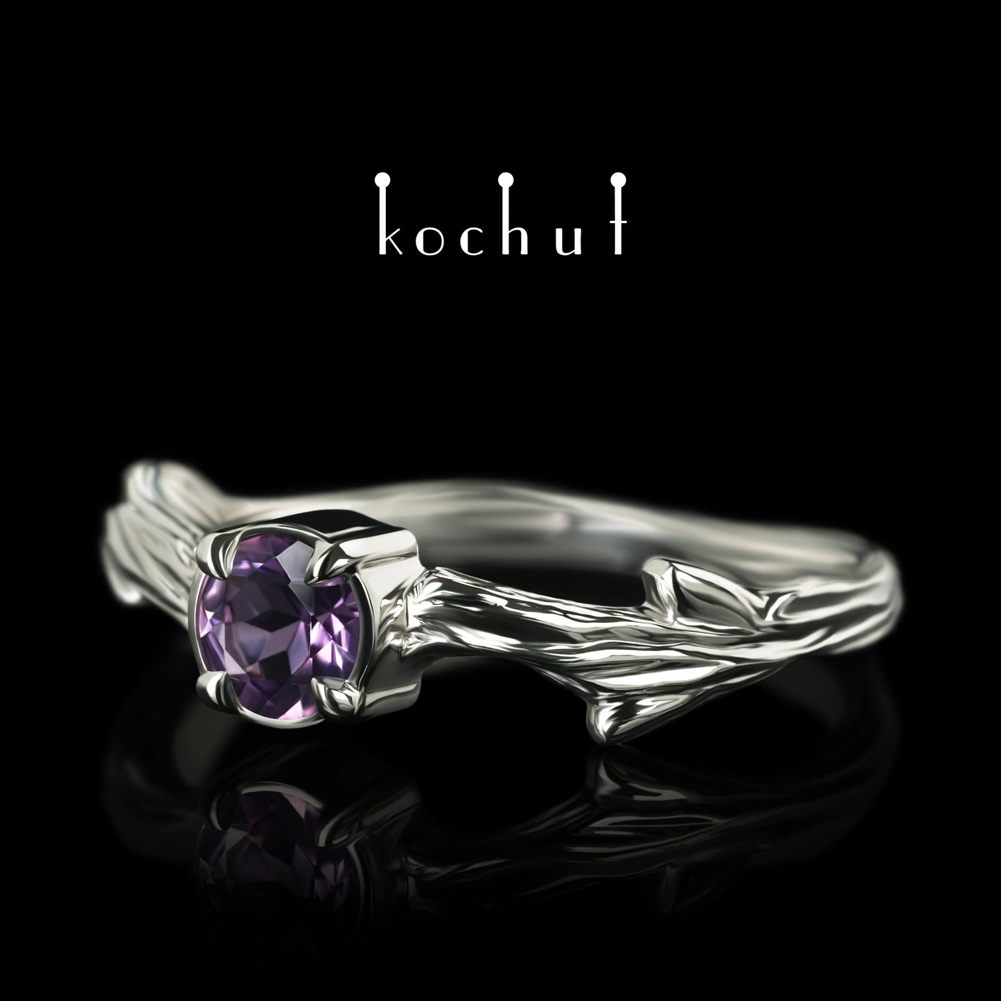 März Zweig — ein Ring aus Weißgold, plattiert mit schwarzem Rhodium und Amethyst