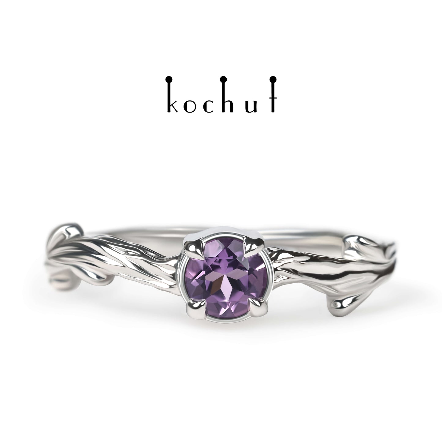 März Zweig — ein Ring aus Weißgold, plattiert mit schwarzem Rhodium und Amethyst