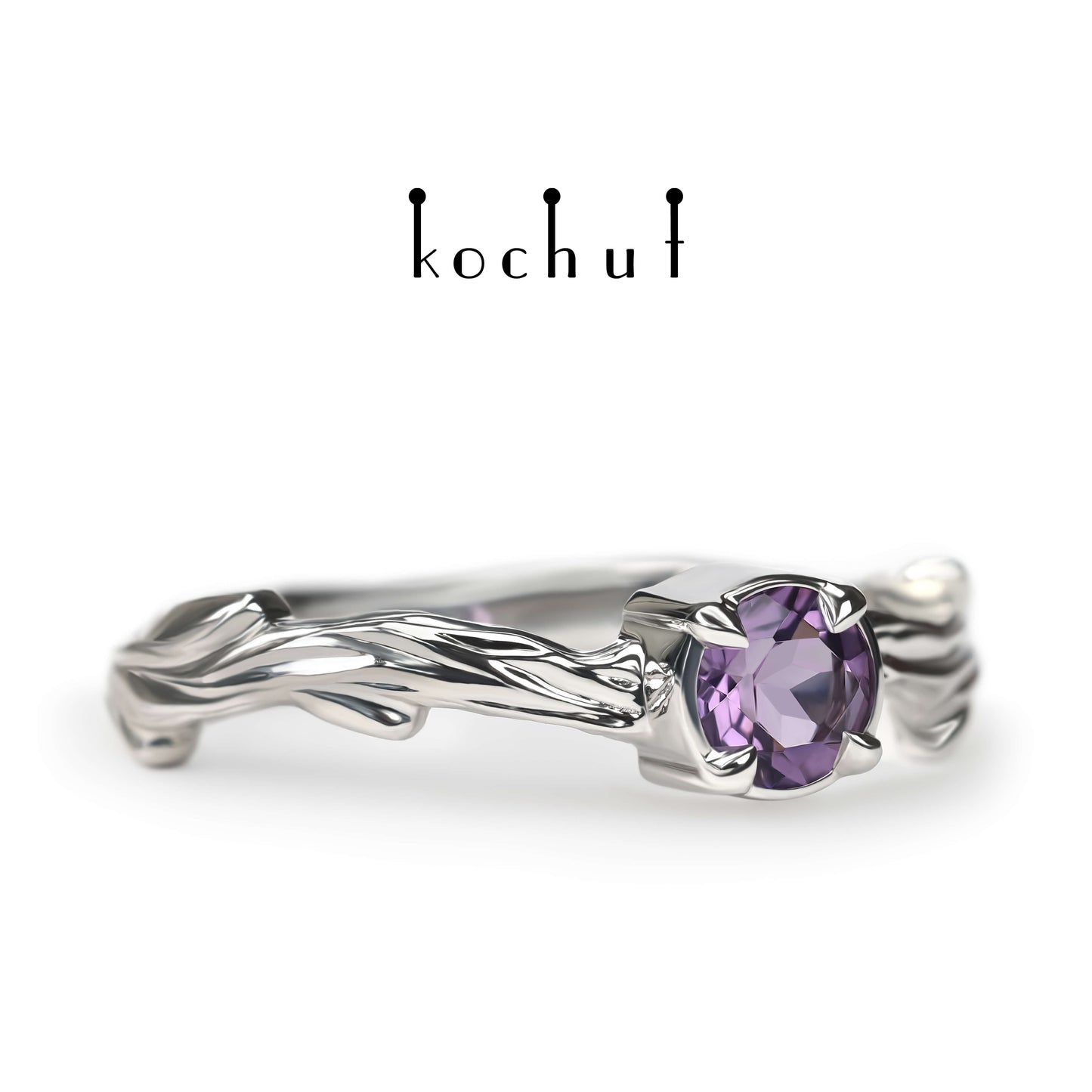 März Zweig — ein Ring aus Weißgold, plattiert mit schwarzem Rhodium und Amethyst