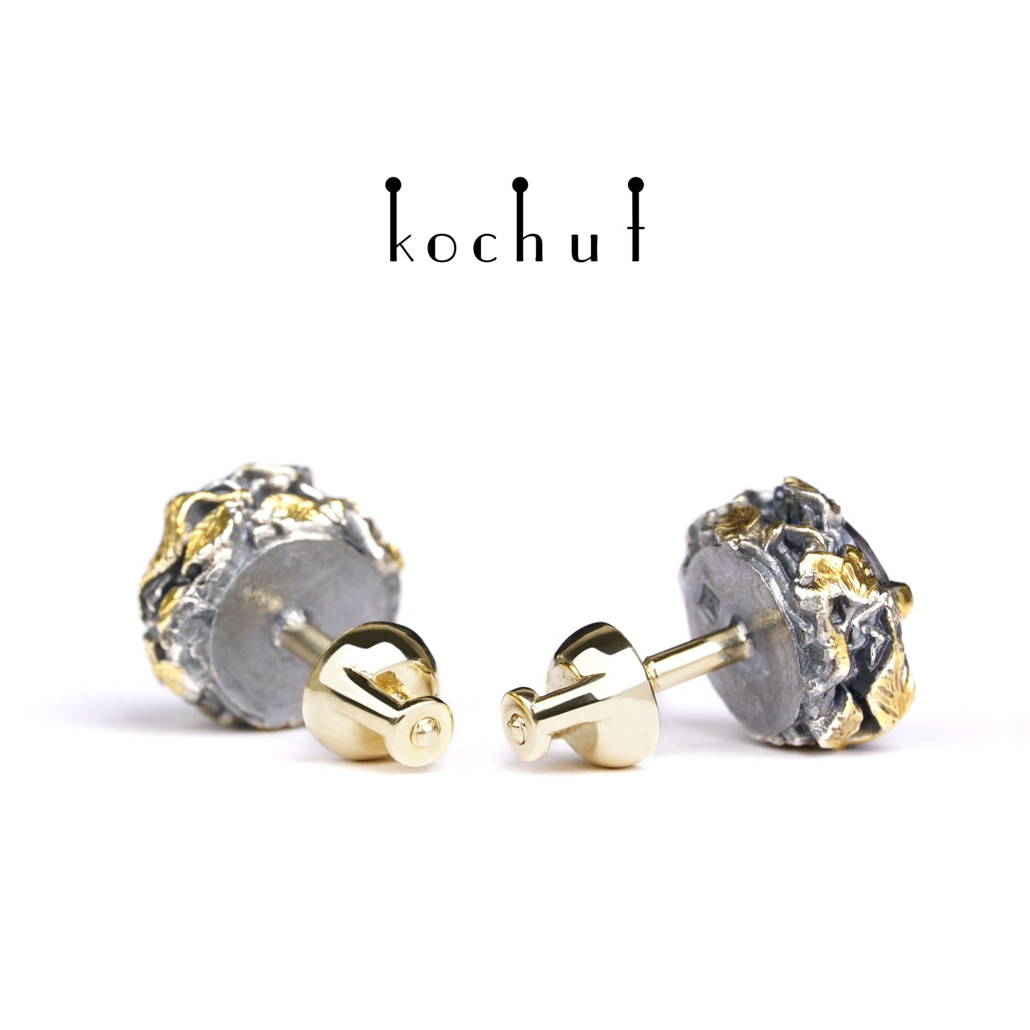 Sonniger Wald — Ohrringe aus oxidiertem Silber und Gelbgold mit Granaten und Vergoldung