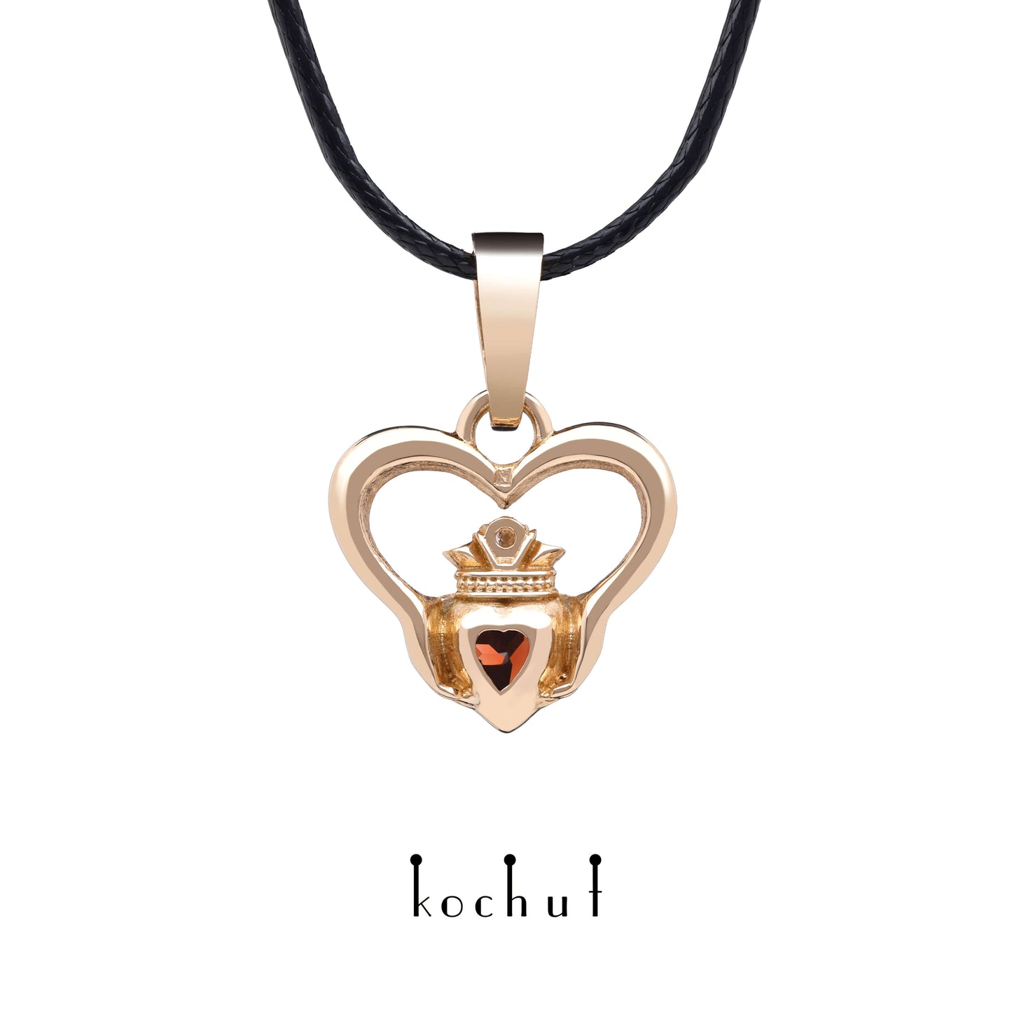 Claddagh — Anhänger aus Rotgold, mit rotem Granat und Diamant