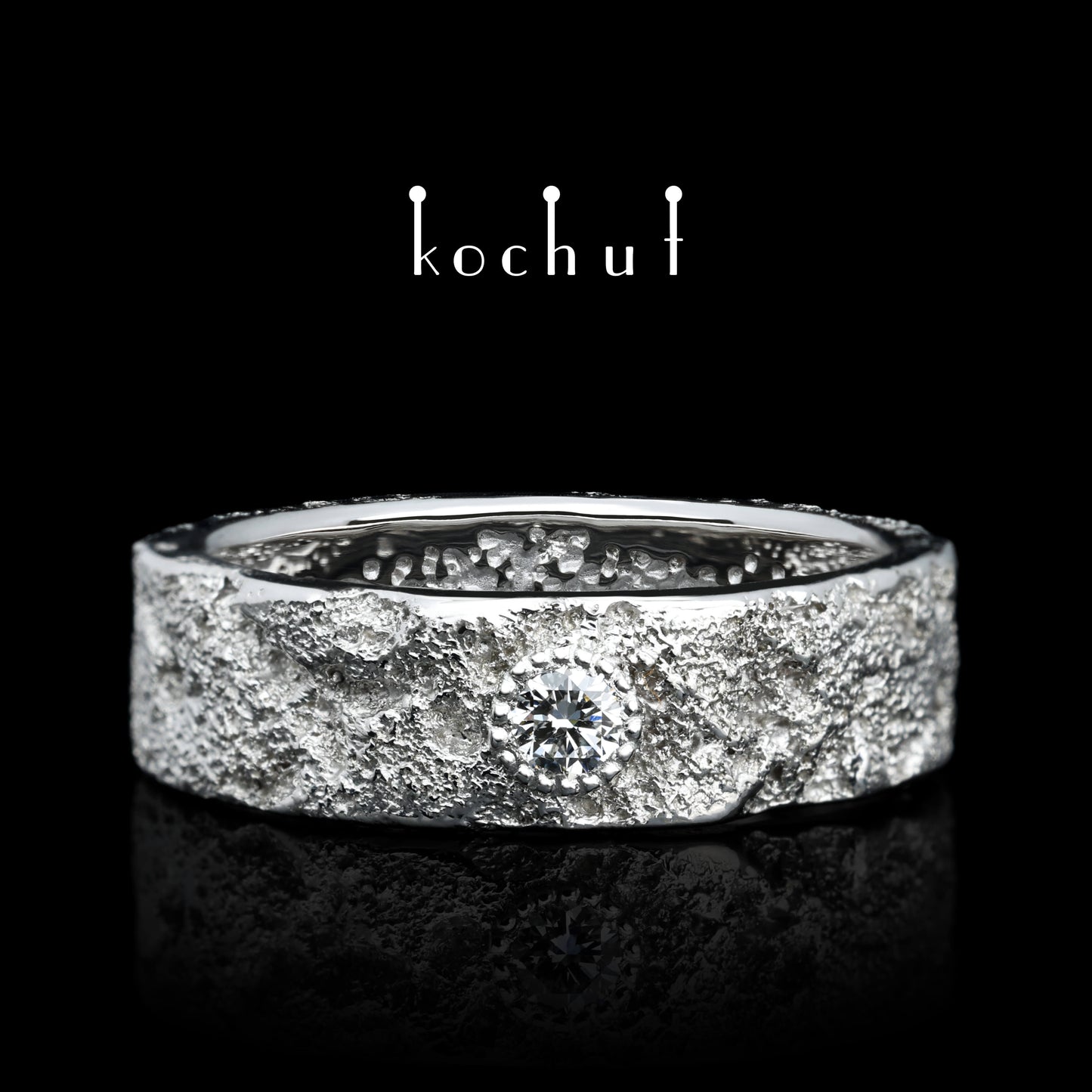 Leib und Seele mit dem Baum des Lebens — Weißgold-Ehering, weißgoldbeschichtet, und Diamant
