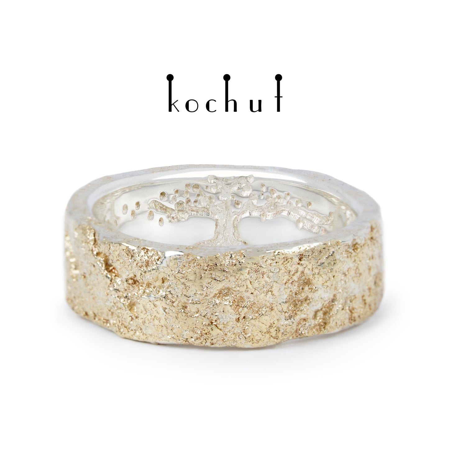 Leib und Seele mit dem Baum des Lebens und Lichtschmieden — Silberhochzeitssilberring mit Gelbgoldfusion