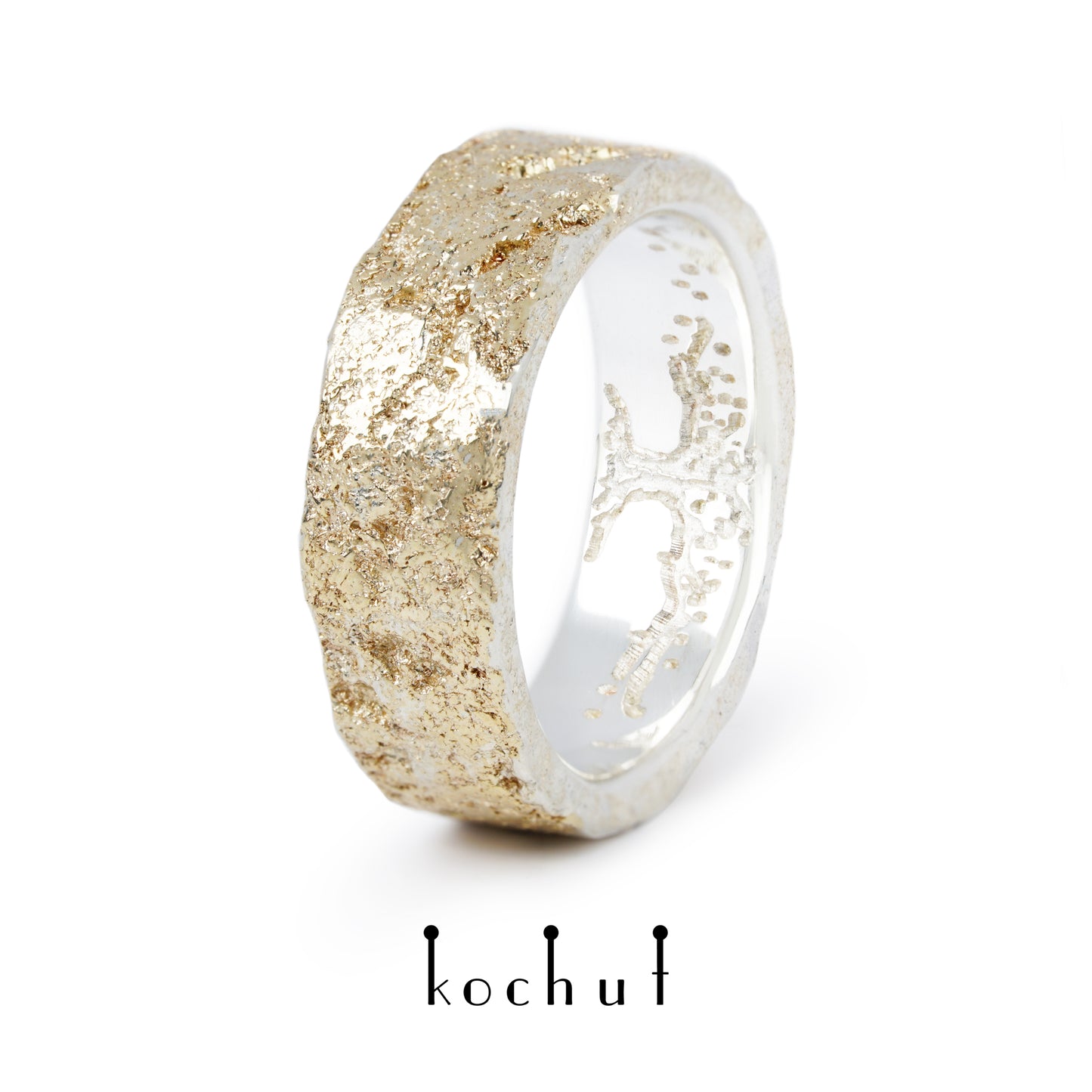 Leib und Seele mit dem Baum des Lebens und Lichtschmieden — Silberhochzeitssilberring mit Gelbgoldfusion