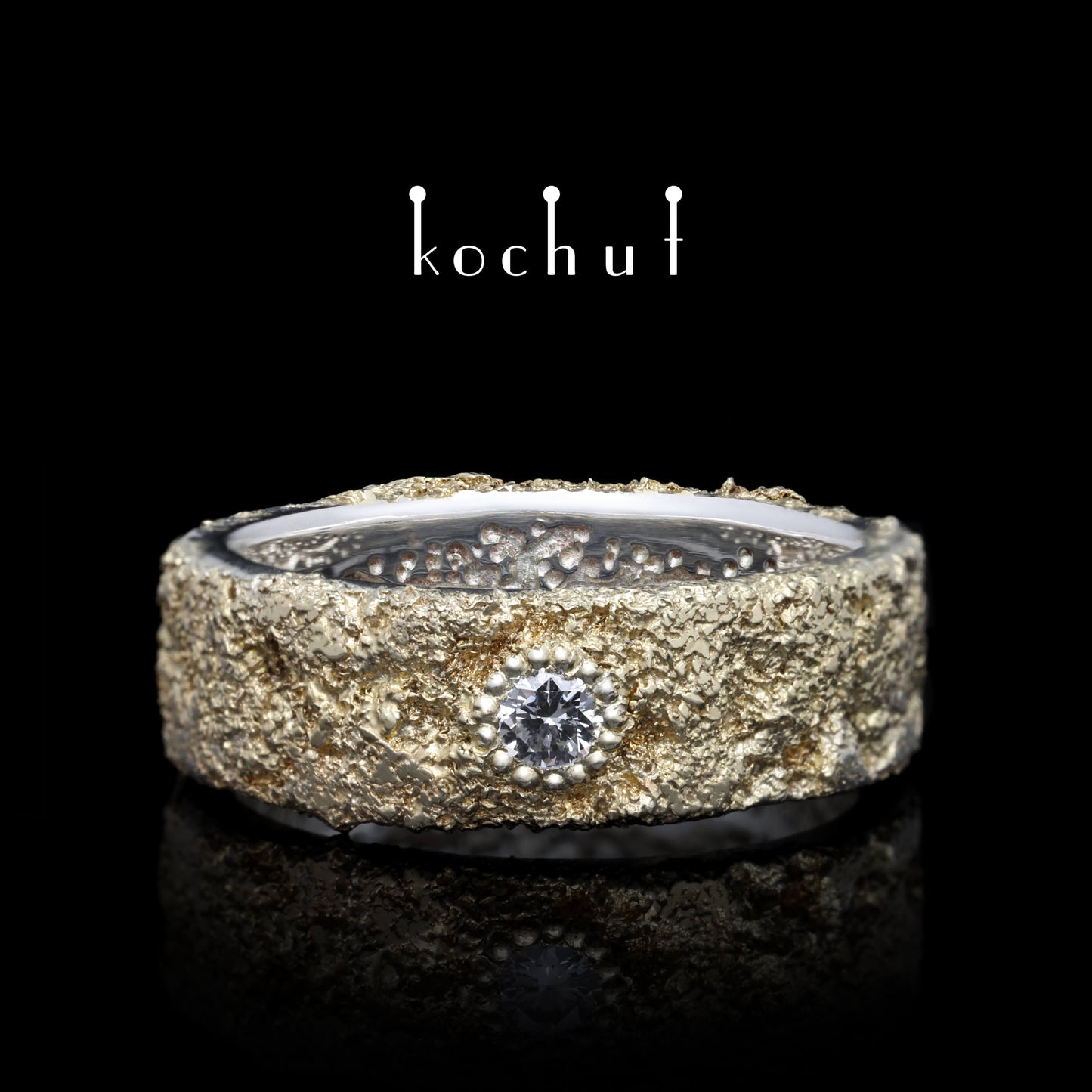 Leib und Seele mit dem Baum des Lebens und Lichtschmiedekunst — Silberhochzeitssilberring mit Gelbgoldfusion und Diamant