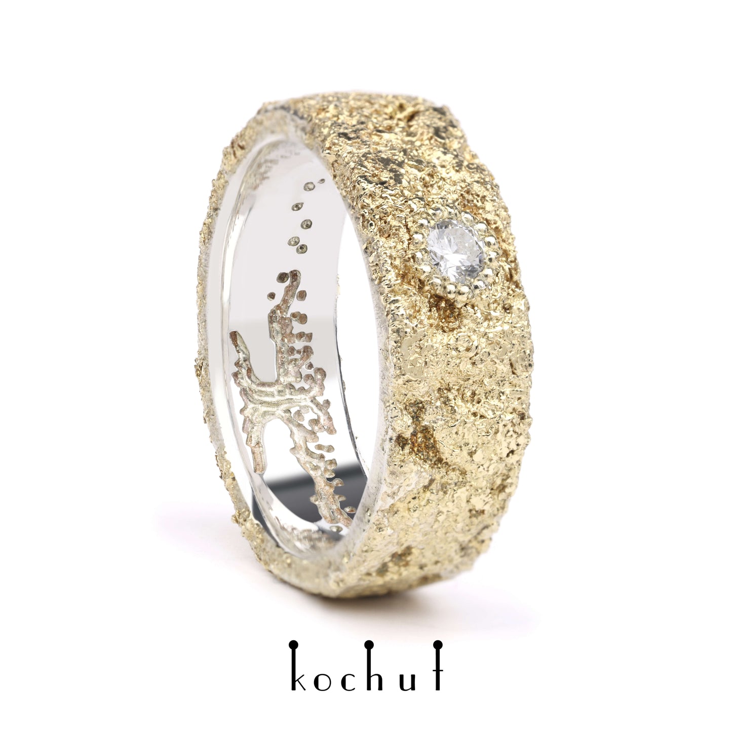 Leib und Seele mit dem Baum des Lebens und Lichtschmiedekunst — Silberhochzeitssilberring mit Gelbgoldfusion und Diamant