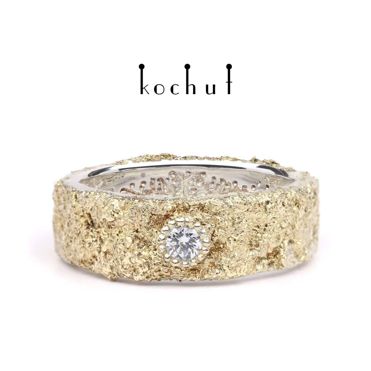 Leib und Seele mit dem Baum des Lebens und Lichtschmiedekunst — Silberhochzeitssilberring mit Gelbgoldfusion und Diamant