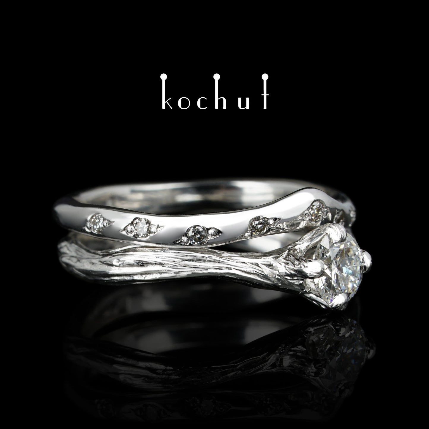 Elven Tenderness — Doppelte Verlobungsring aus Weißgold mit Diamanten, beschichtet mit weißem Rhodium