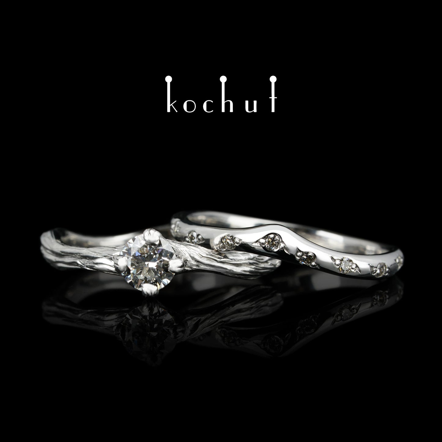 Elven Tenderness — Doppelte Verlobungsring aus Weißgold mit Diamanten, beschichtet mit weißem Rhodium