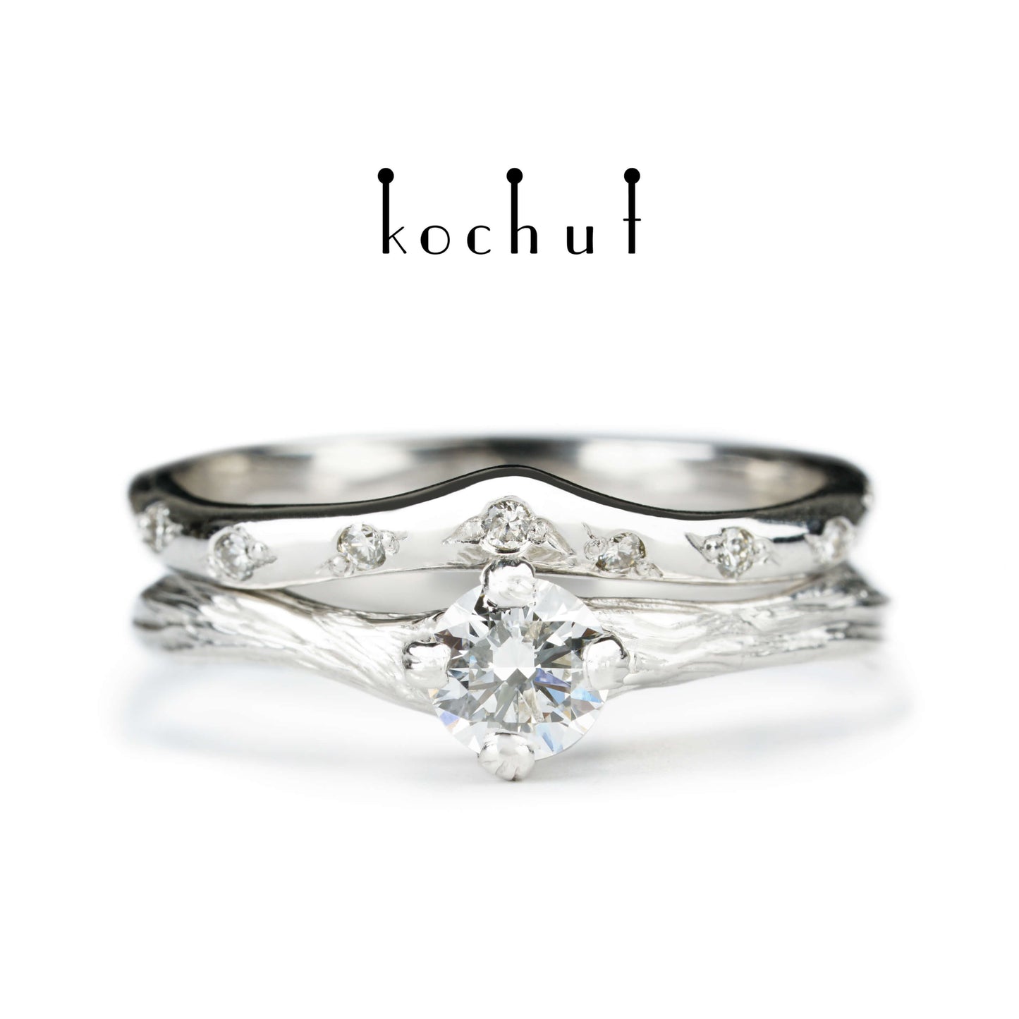 Elven Tenderness — Doppelte Verlobungsring aus Weißgold mit Diamanten, beschichtet mit weißem Rhodium