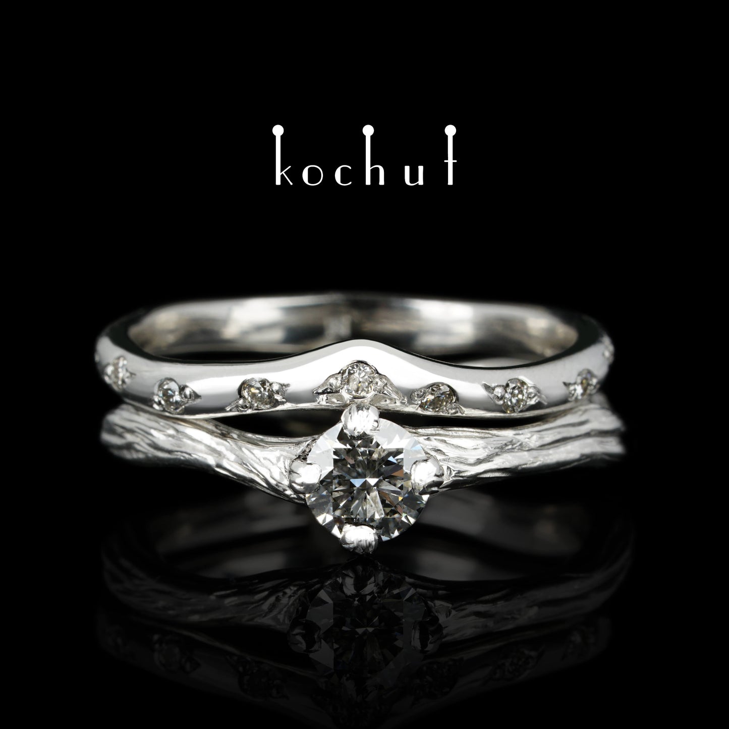 Elven Tenderness — Doppelte Verlobungsring aus Weißgold mit Diamanten, beschichtet mit weißem Rhodium