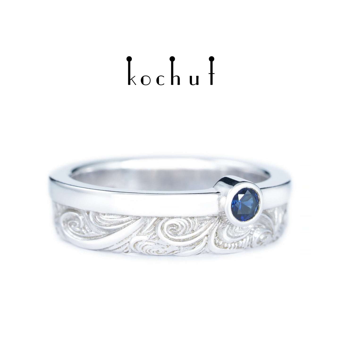 In Freude und Leid: Hälften — Silberhochzeitssilberring mit Saphir, überzogen mit weißem Rhodium