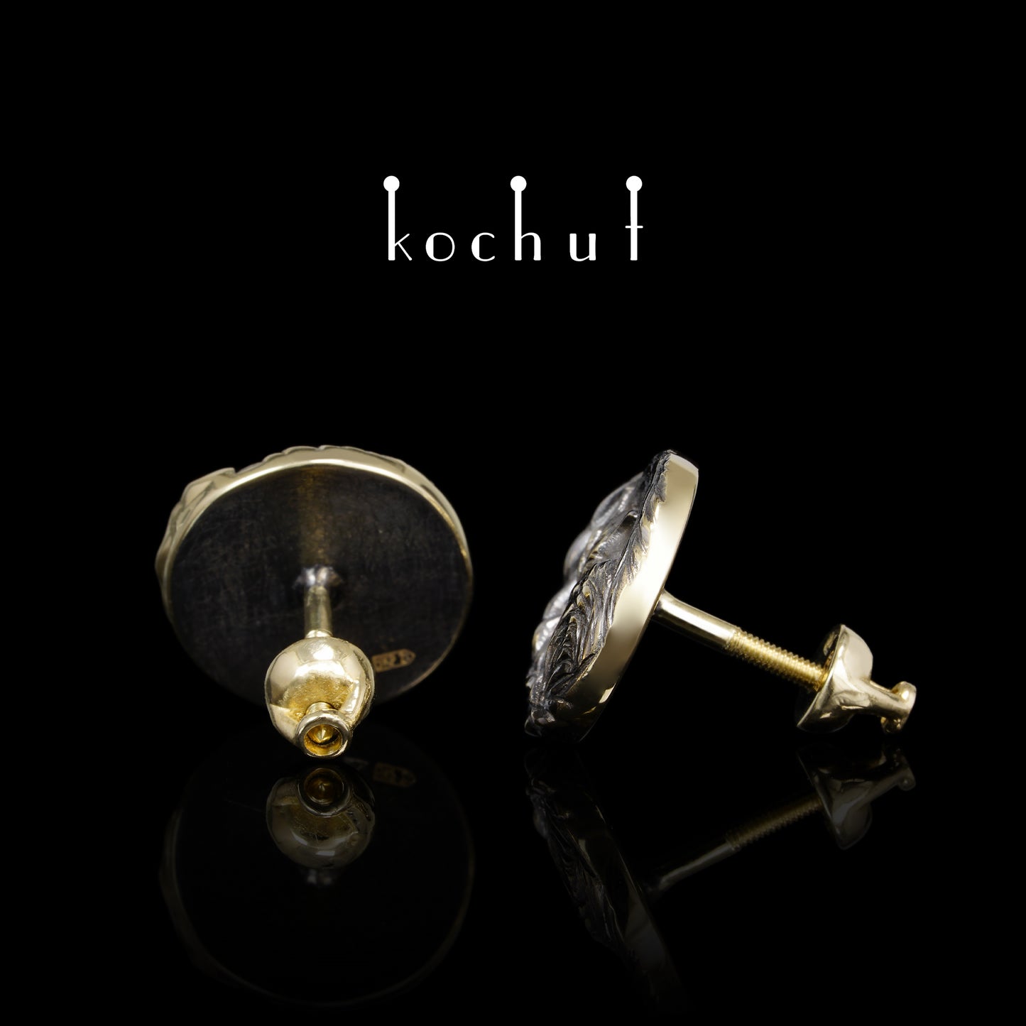 Füchse — Stecker-Ohrringe aus Gelbgold, überzogen mit schwarzem Rhodium