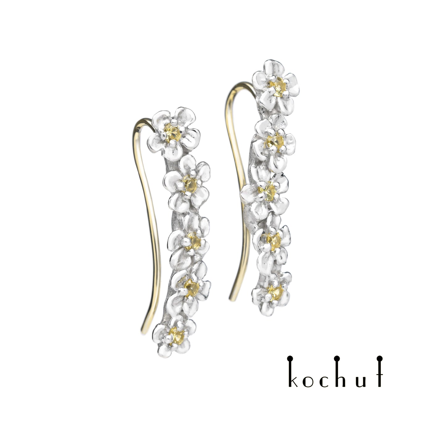 Blumenkrone — Ohrklemmen aus Silber und Gelbgold mit gelben Saphiren, überzogen mit weißem Rhodium