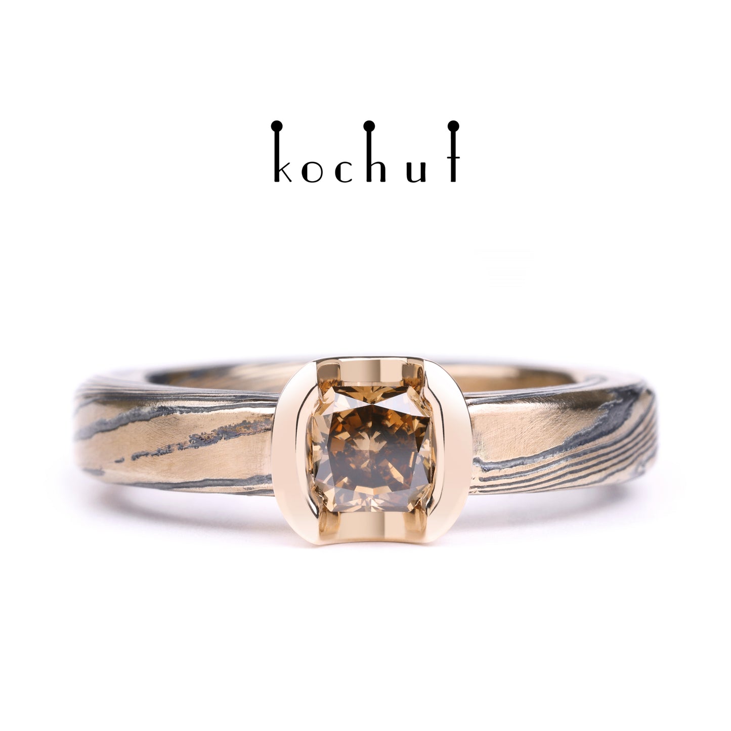 Jugen — Mokume-Ring aus Rotgold und graviertem, oxidiertem Silber mit Diamant, beschichtet mit Oxidation