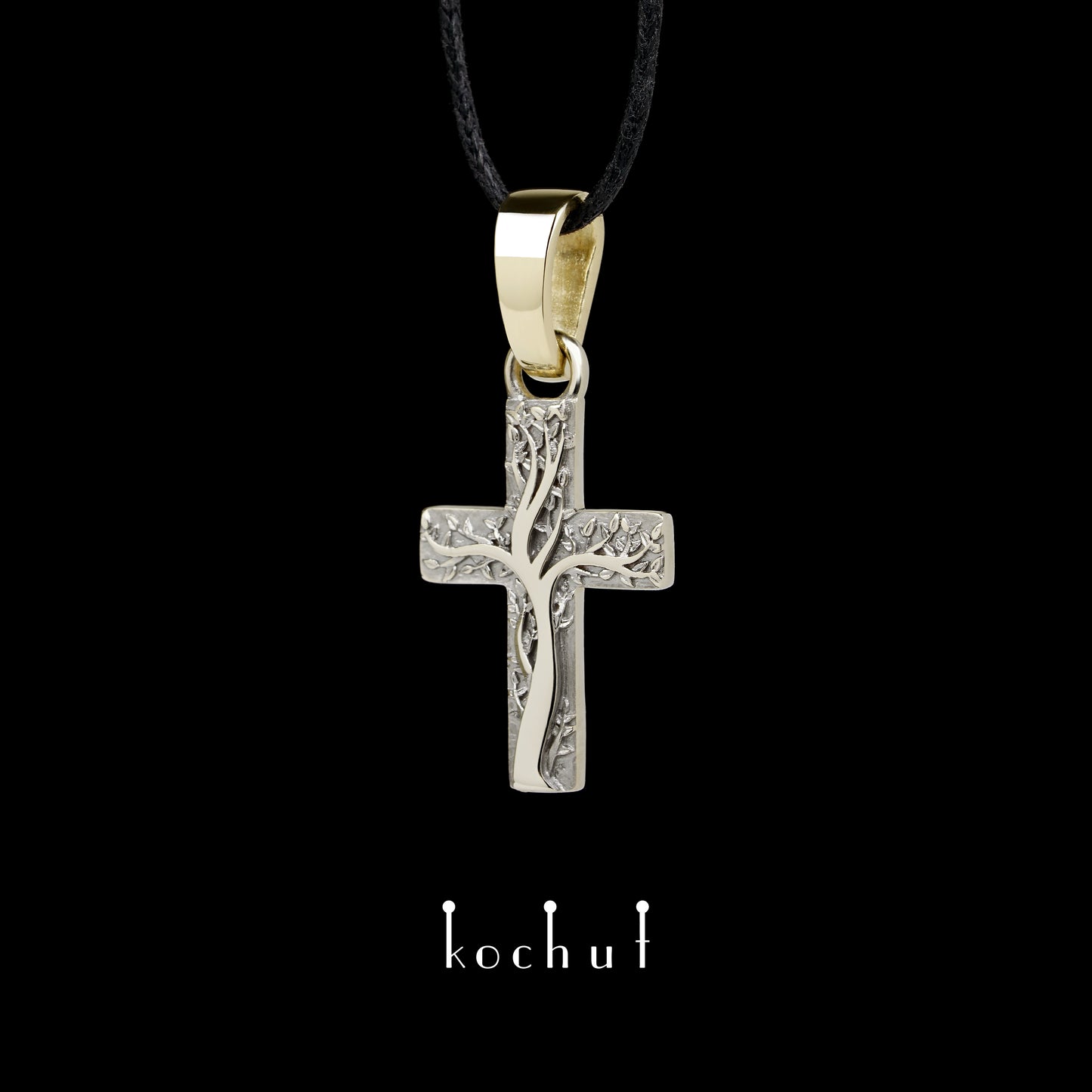 Die Wurzeln des Glaubens — Kreuz aus Weiß- und Gelbgold mit schwarzem Rhodium