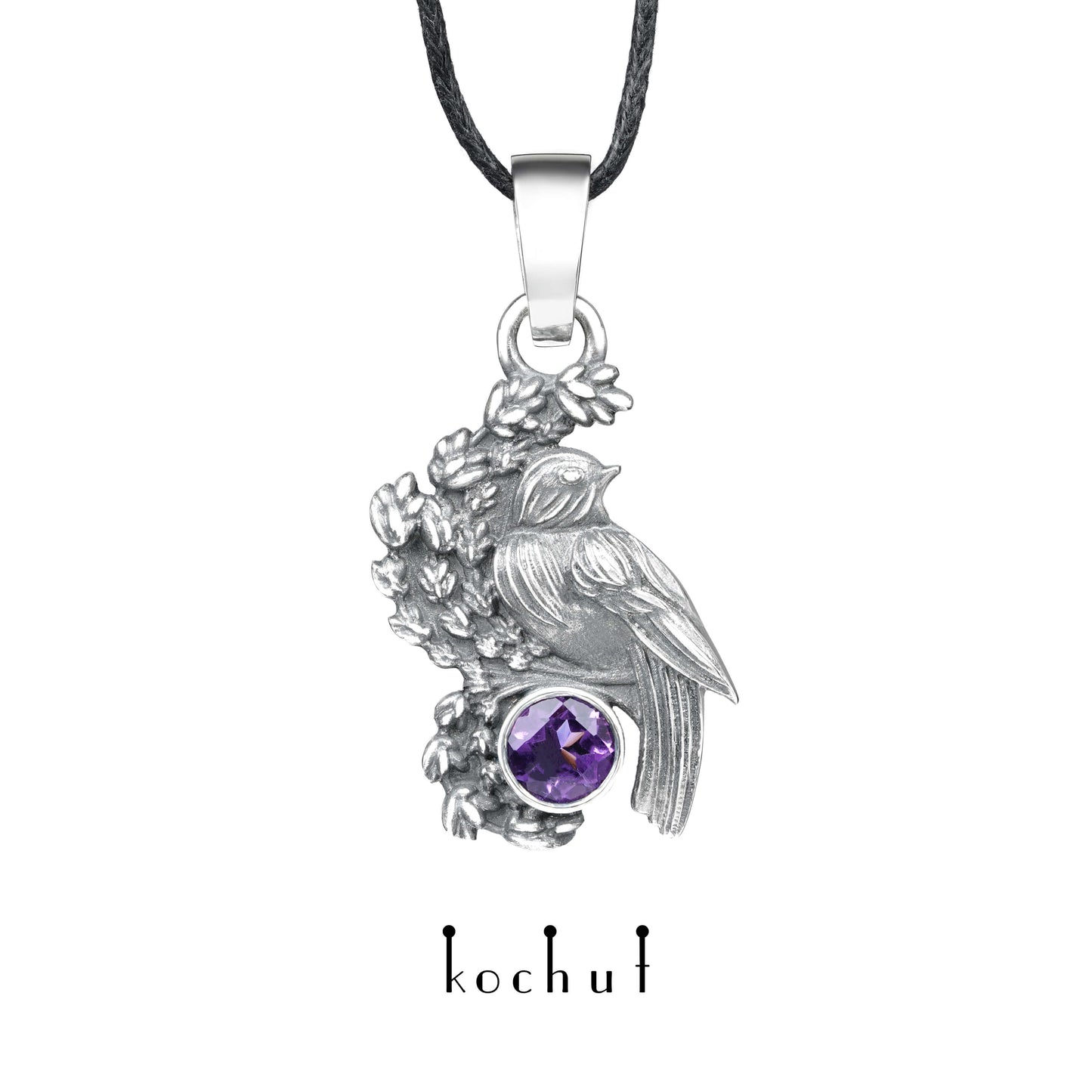 Vogel auf einem Lavendelzweig — Anhänger aus oxidiertem Silber mit Amethyst