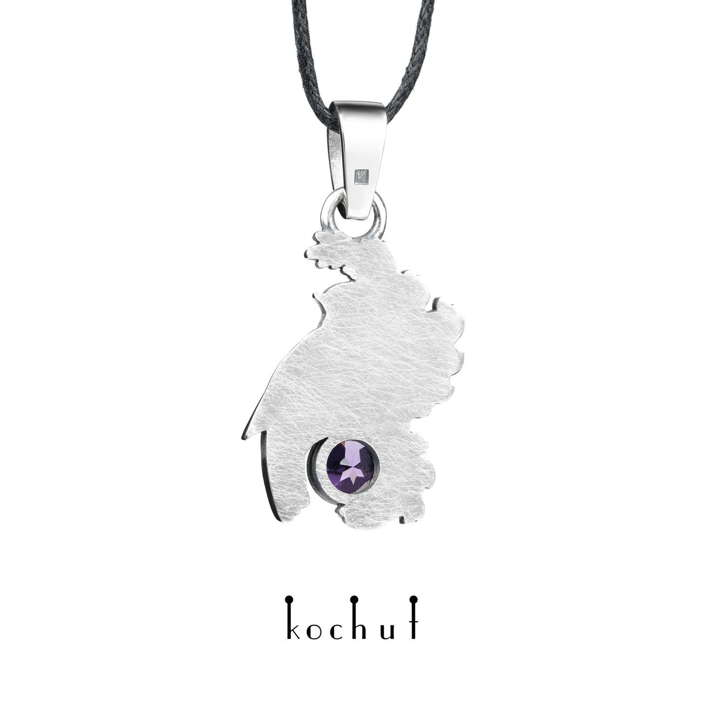 Vogel auf einem Lavendelzweig — Anhänger aus oxidiertem Silber mit Amethyst