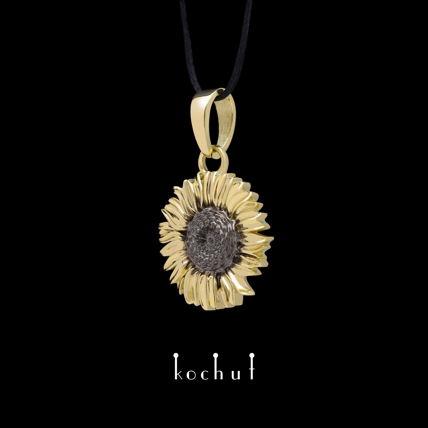 Sonnenblume — Anhänger aus Gelbgold, überzogen mit schwarzem Rhodium